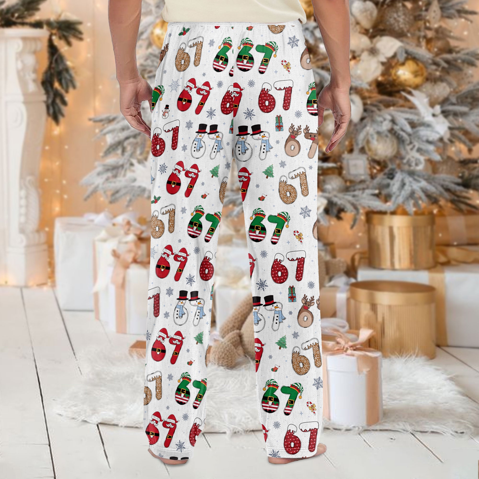Custom Christmas Number 67 Pajama Pants – Personalized Holiday Print Cozy Lounge Bottoms