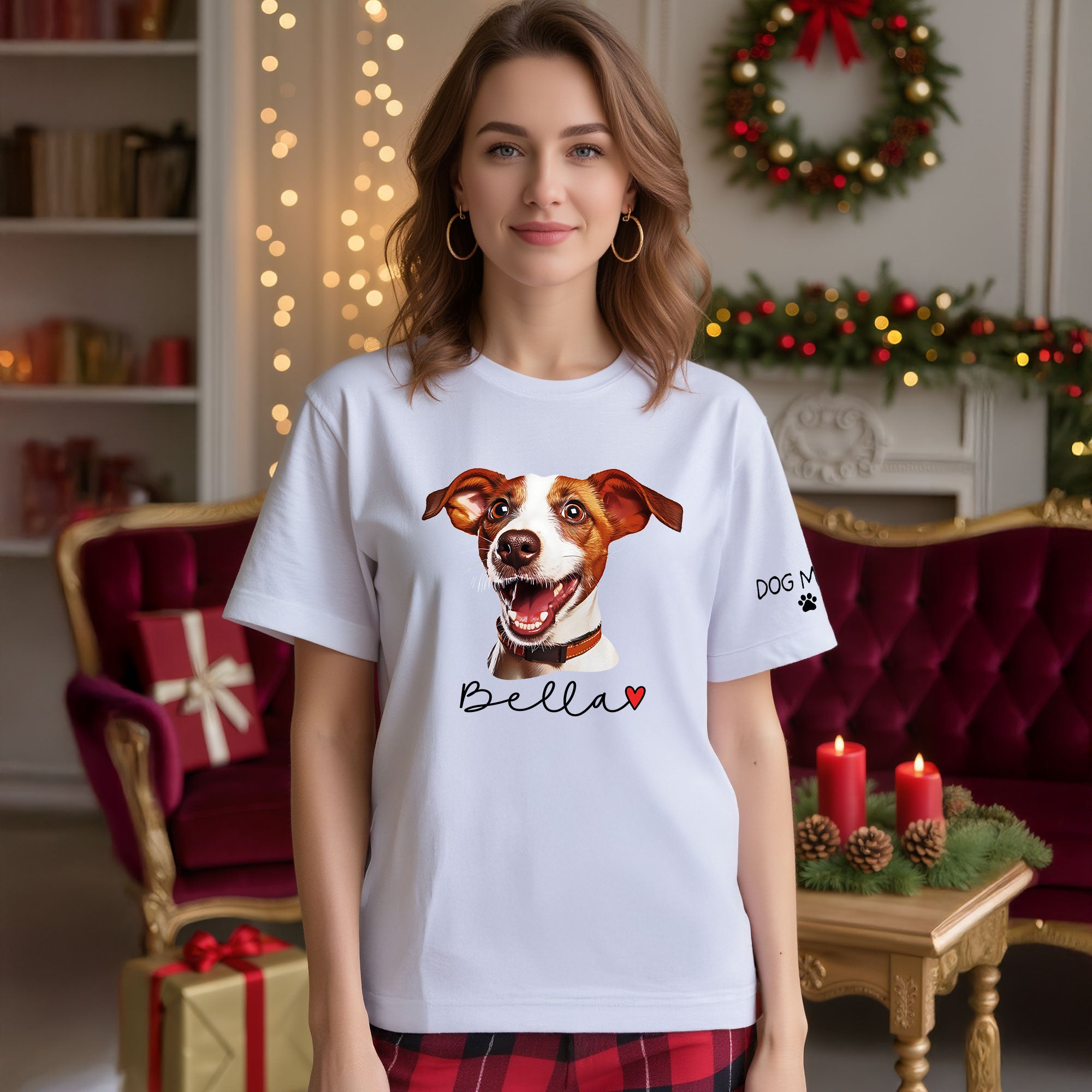 Dog Mom Christmas Shirt – Custom Pet Portrait Tee, Personalized Holiday Gift for Women