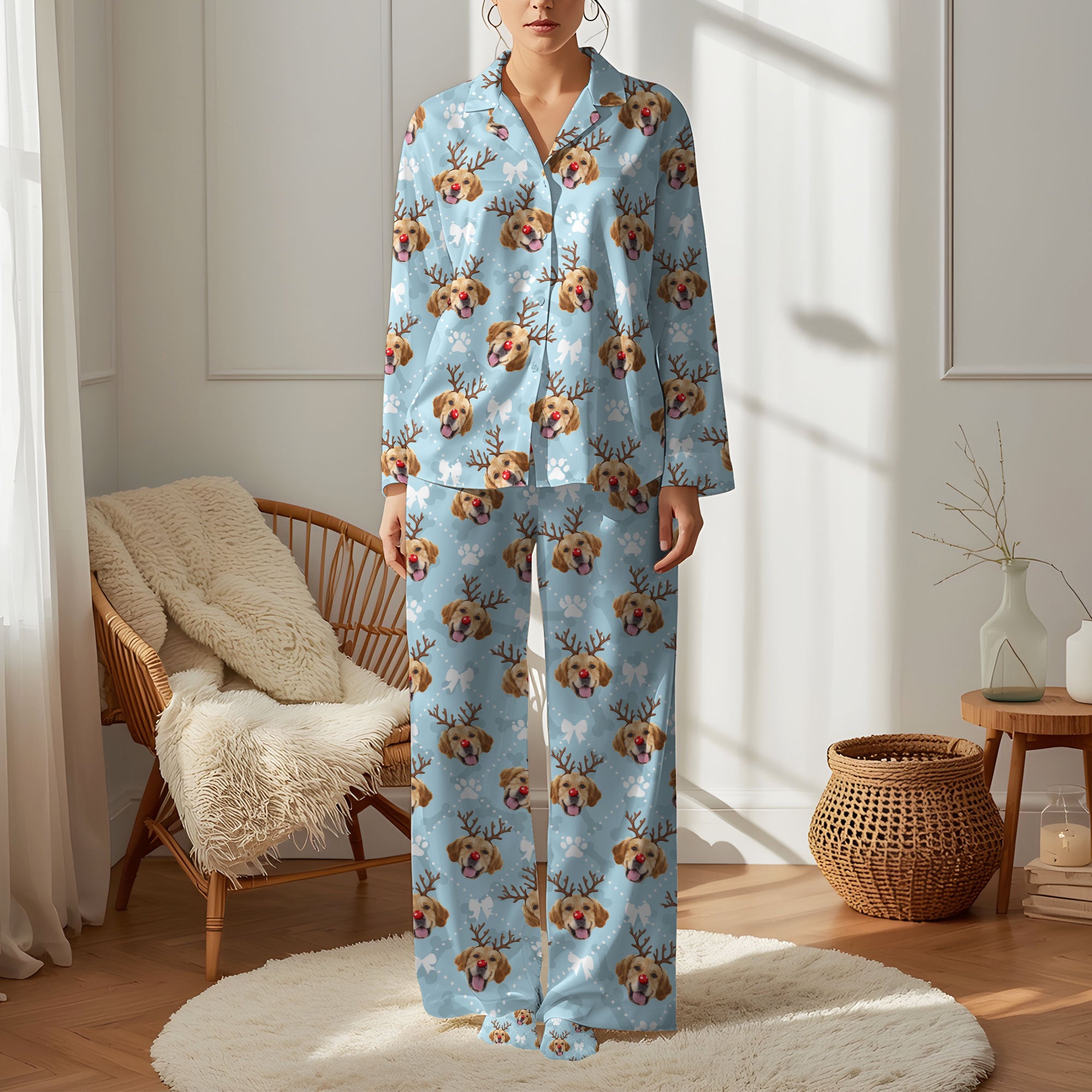 Custom Reindeer Pet Photo Pajama Pants – Personalized Dog Pattern Holiday Sleepwear