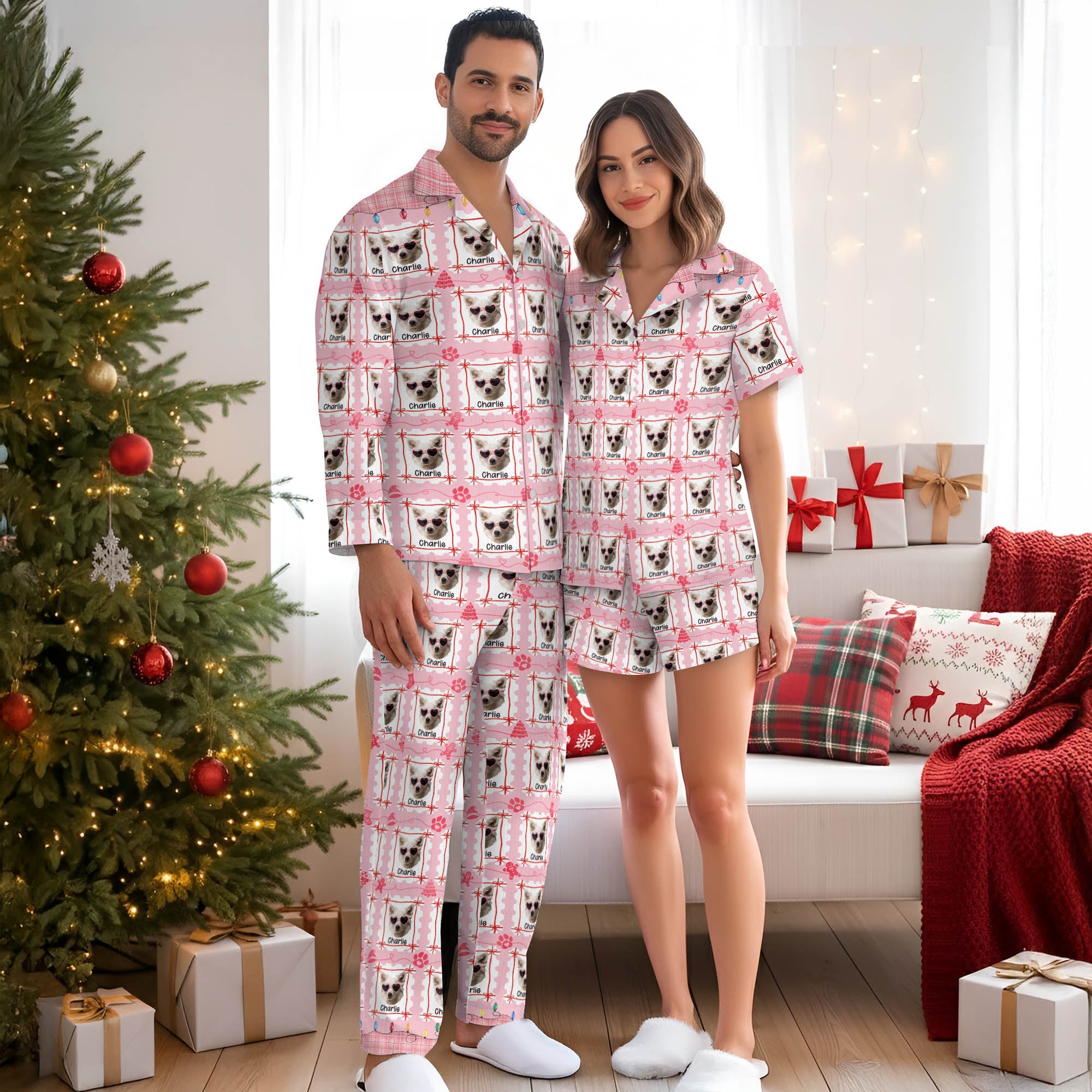 Custom Dog Mom Christmas Pajamas – Personalized Pet Face PJs for Women, Holiday Gift Sleepwear