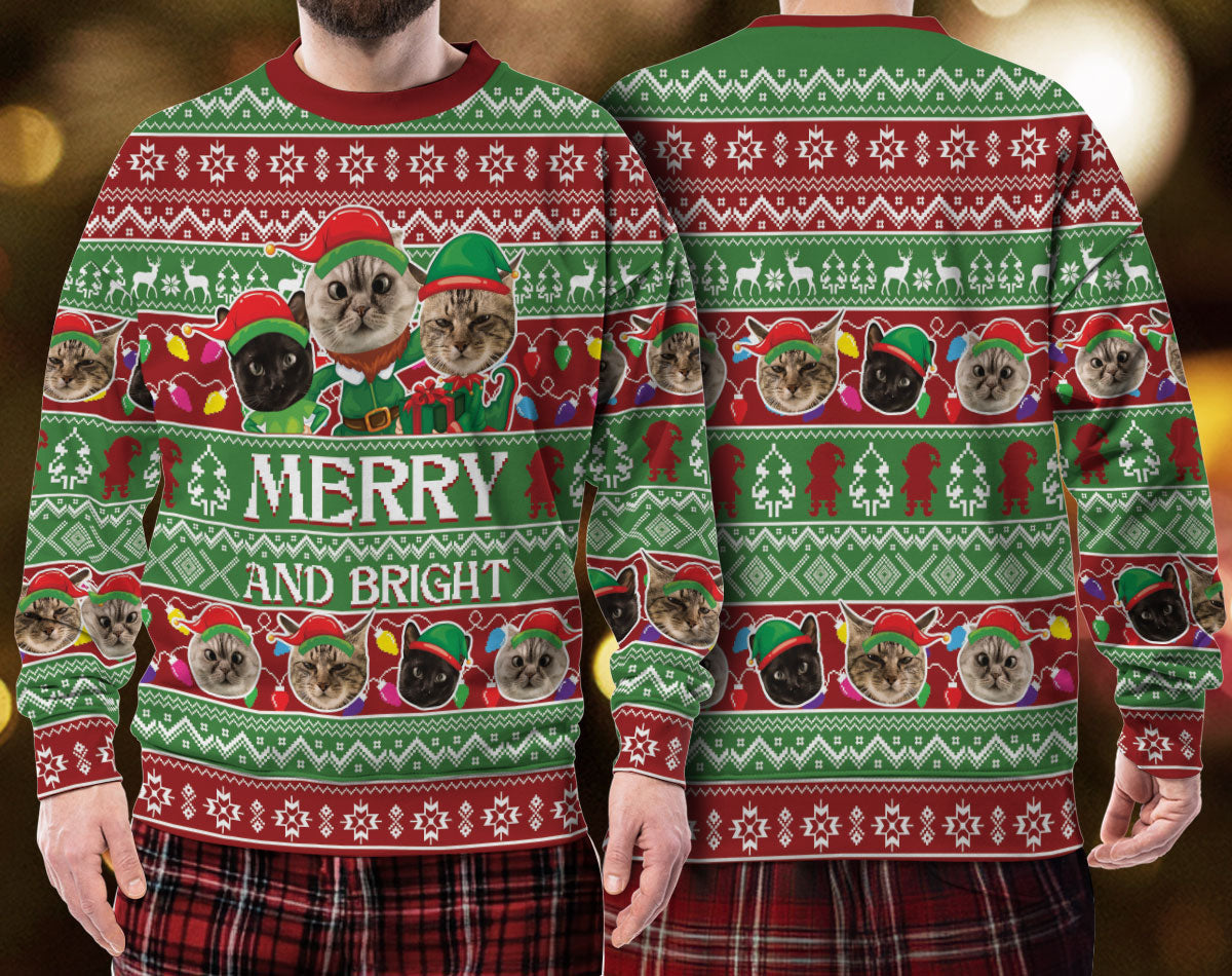 Personalized Cat Face Christmas Sweater – Custom Photo Ugly Xmas Sweatshirt for Cat Mom & Cat Dad