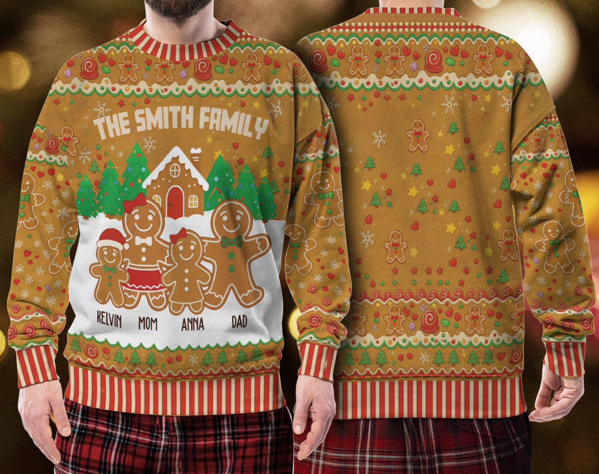 Custom Gingerbread Family Christmas Sweater – Personalized Name Ugly Holiday Sweatshirt for Family