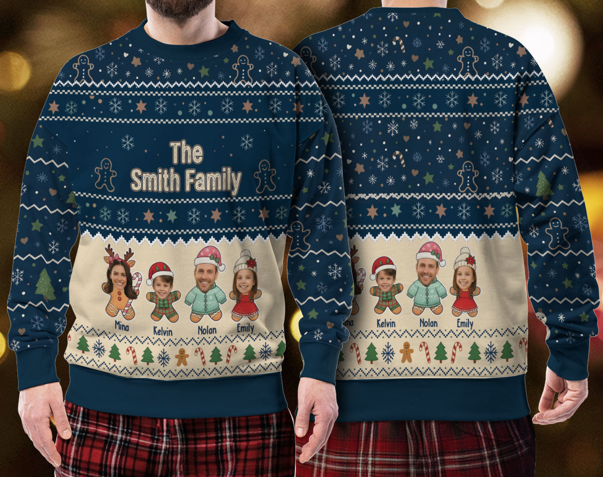 Personalized Gingerbread Family Ugly Christmas Sweater – Custom Name & Photo Holiday Sweatshirt Gift