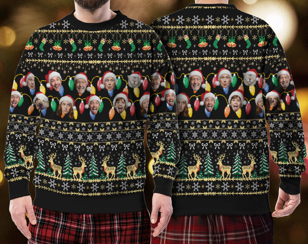 Custom Ugly Christmas Sweater – Personalized Photo Black Holiday Knit for Family, Pets & Festive Gifts