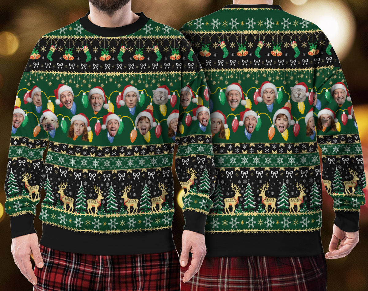 Custom Ugly Christmas Sweater – Personalized Photo Green Holiday Knit for Family, Pets & Festive Fun