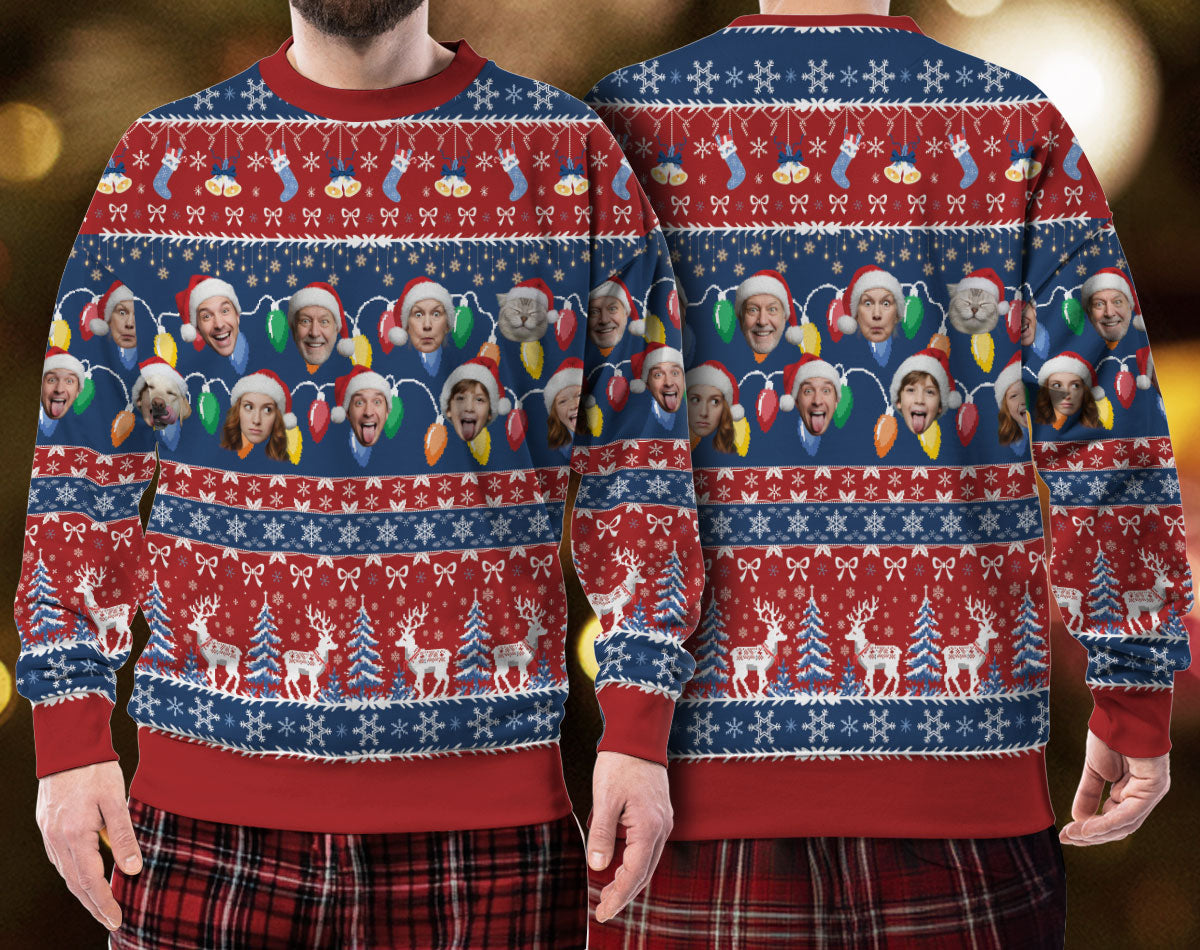 Custom Ugly Christmas Sweater – Personalized Photo Red & Blue Holiday Knit for Family, Pets & Festive Moments