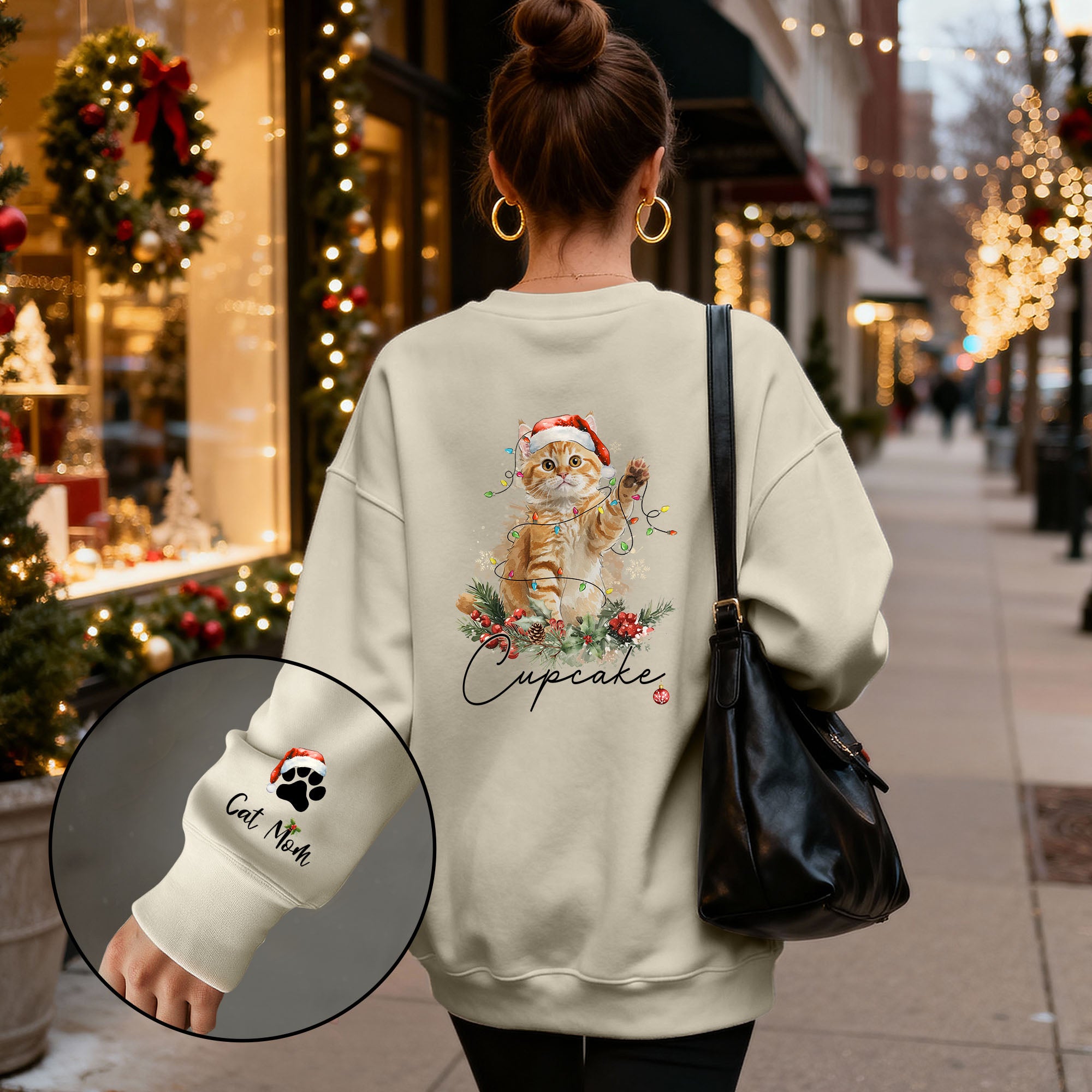 Custom Cat Christmas Sweatshirt – Personalized Holiday Pet Portrait Gift for Cat Moms