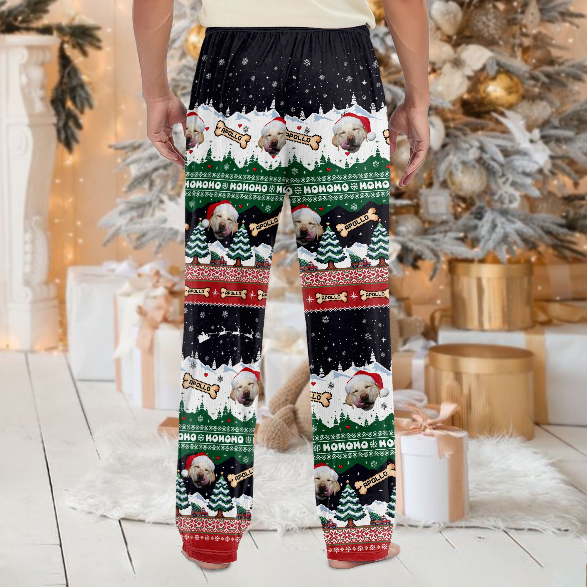 Custom Christmas Pet Photo Pajama Pants – Personalized Dog Name Holiday Pattern Sleepwear