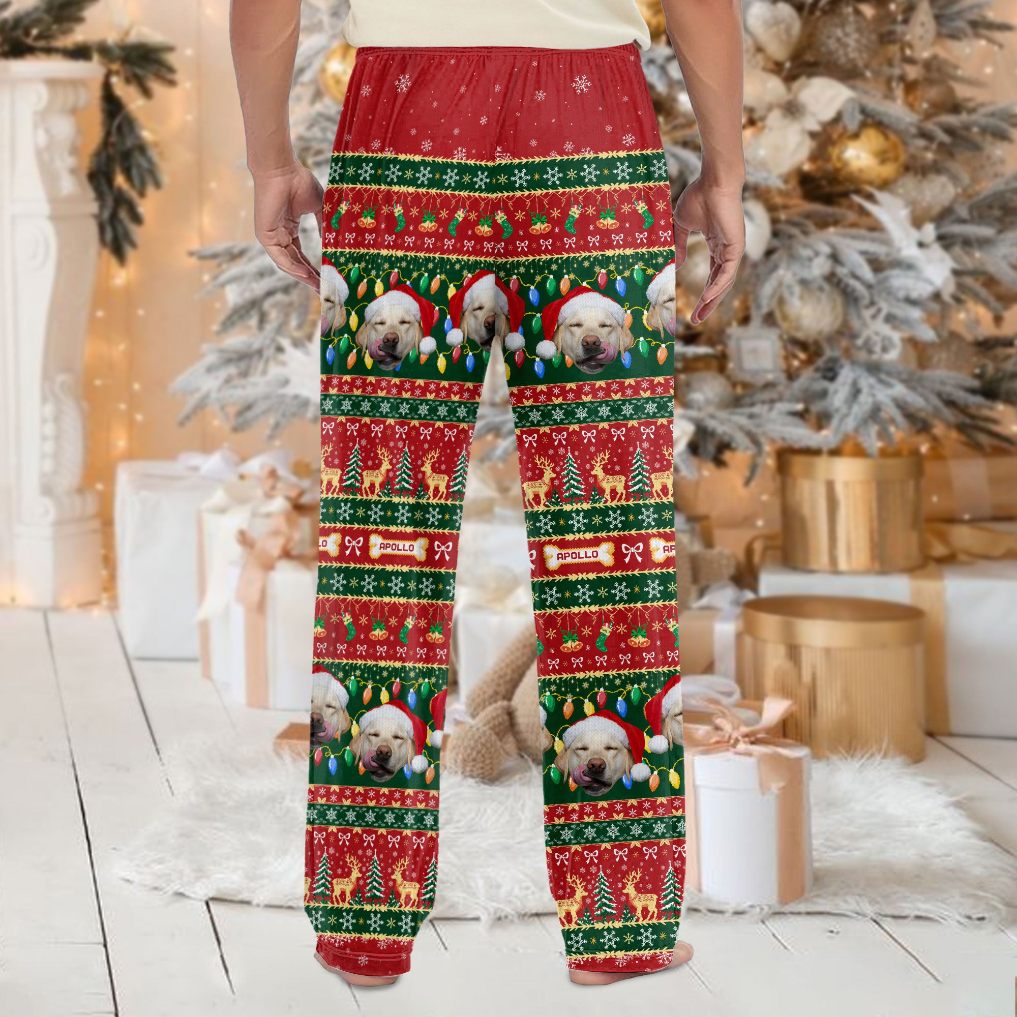 Custom Pet Christmas Lights Pajama Pants – Personalized Dog Photo & Name Holiday Lounge Bottoms