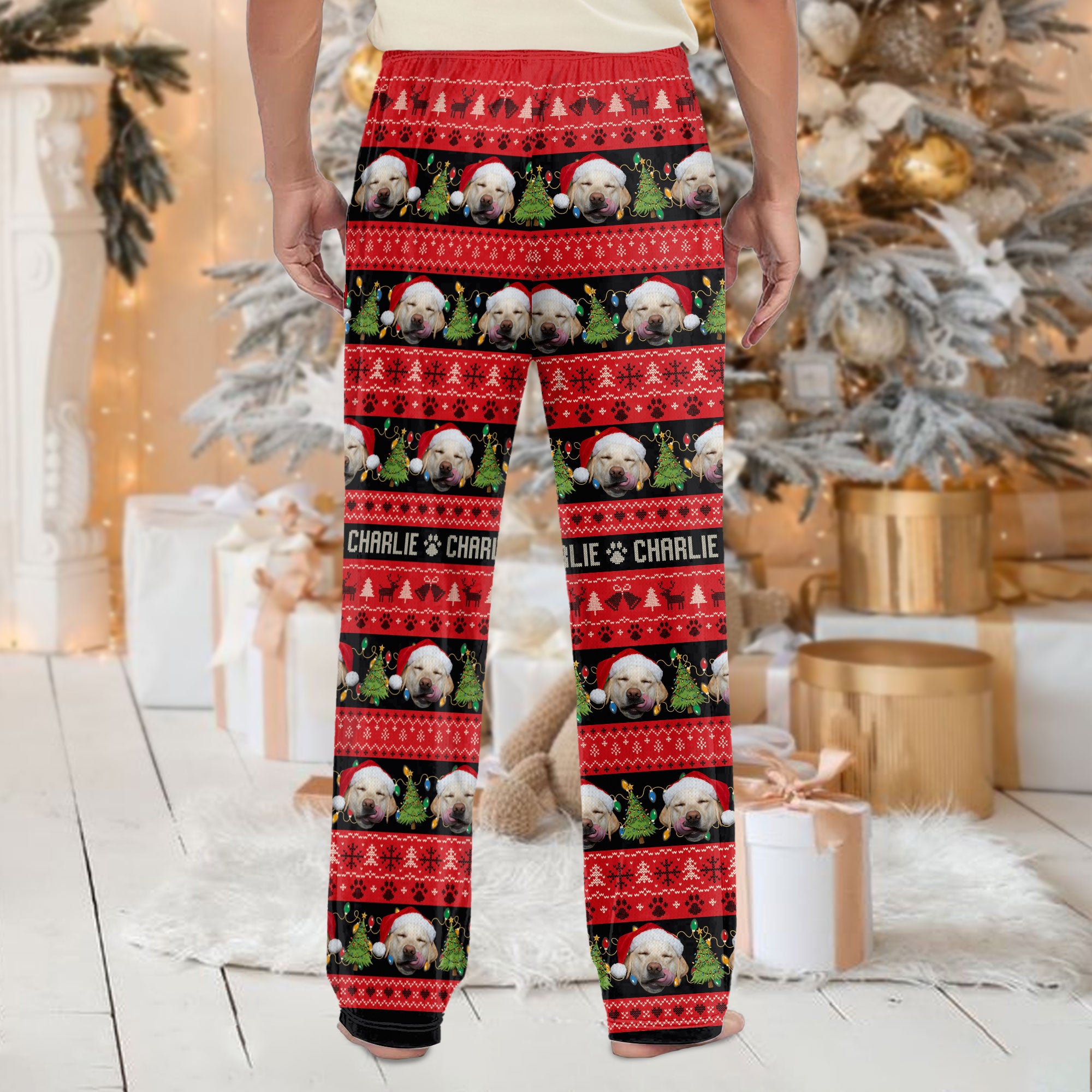 Custom Pet Christmas Name Pajama Pants – Personalized Dog Photo Holiday Lounge Wear