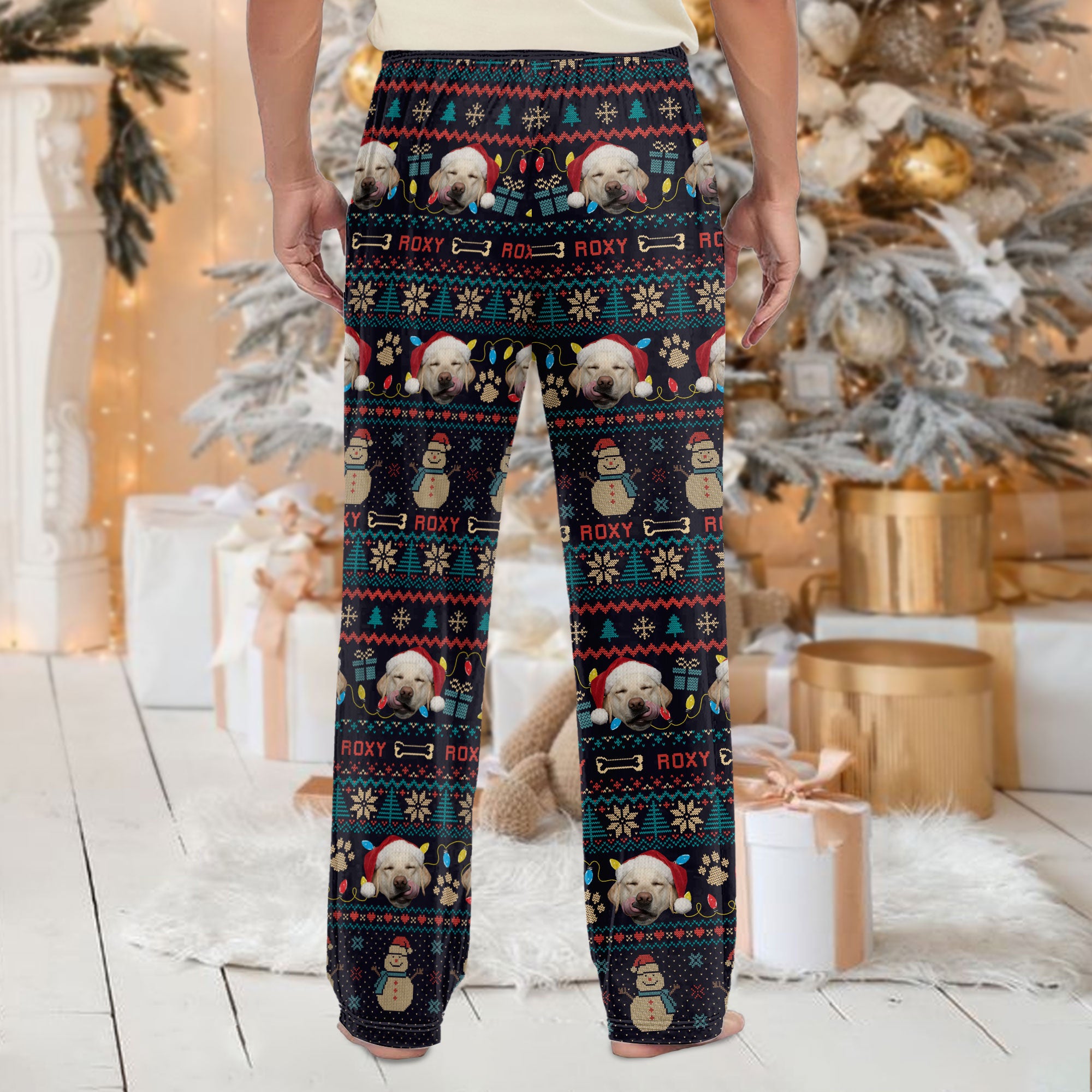 Custom Pet Snowman Christmas Pajama Pants – Personalized Dog Photo & Name Holiday Sleepwear