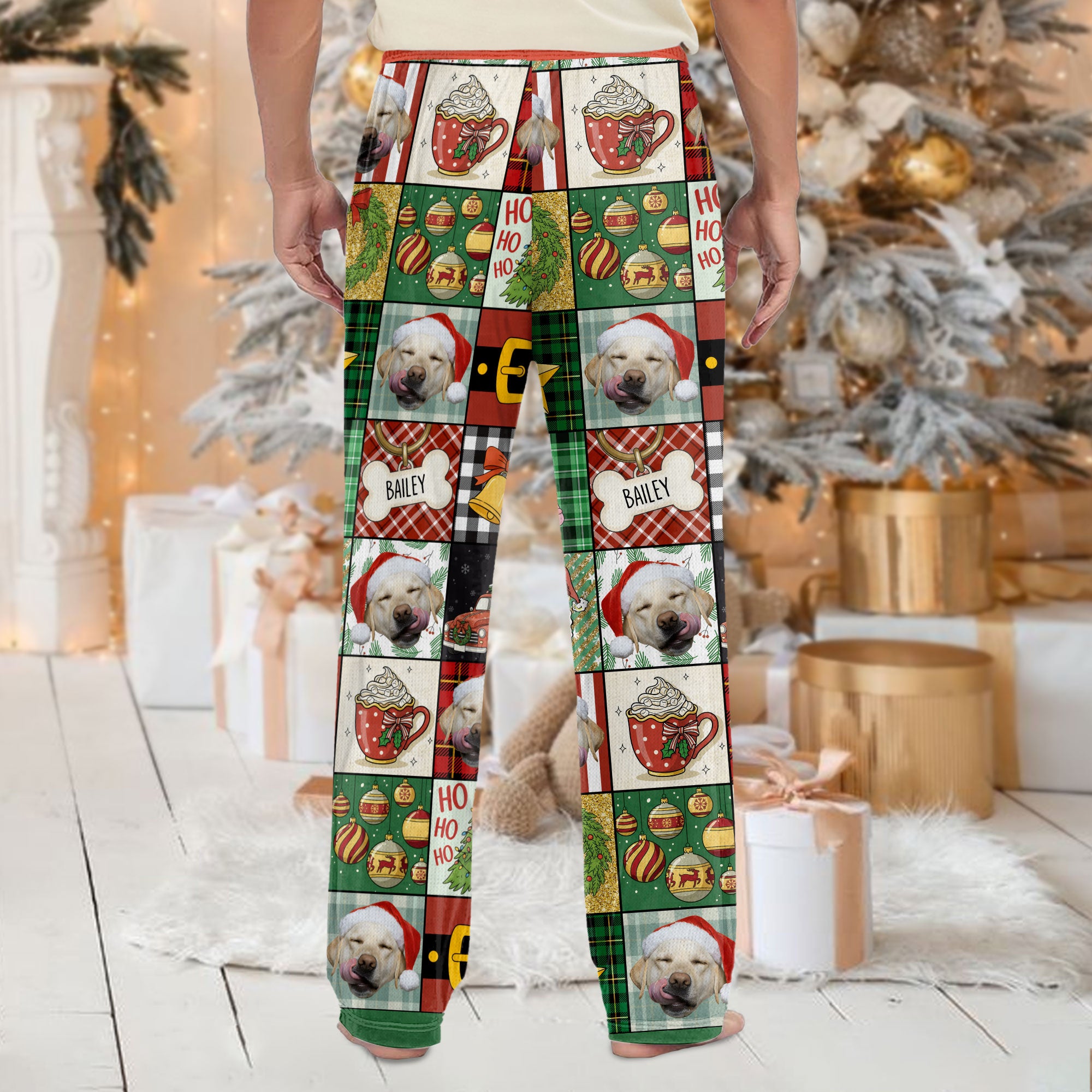 Custom Patchwork Christmas Pet Pajama Pants – Personalized Dog Photo & Name Holiday Lounge Wear