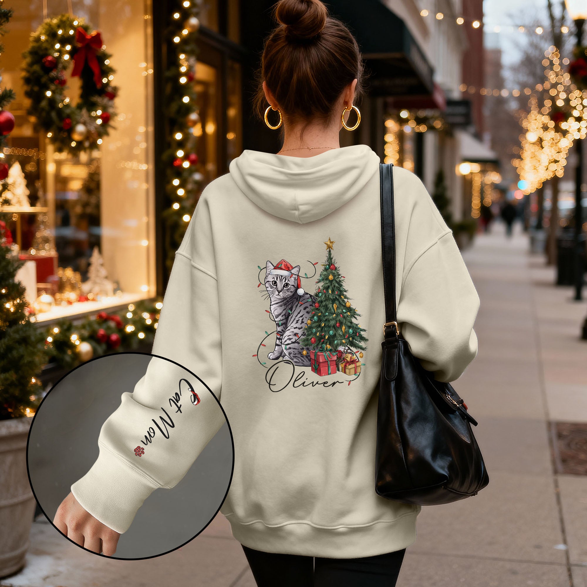 Personalized Cat Mom Christmas Hoodie – Custom Pet Photo Hoodie with Cat Name, Holiday Gift for Cat Lovers
