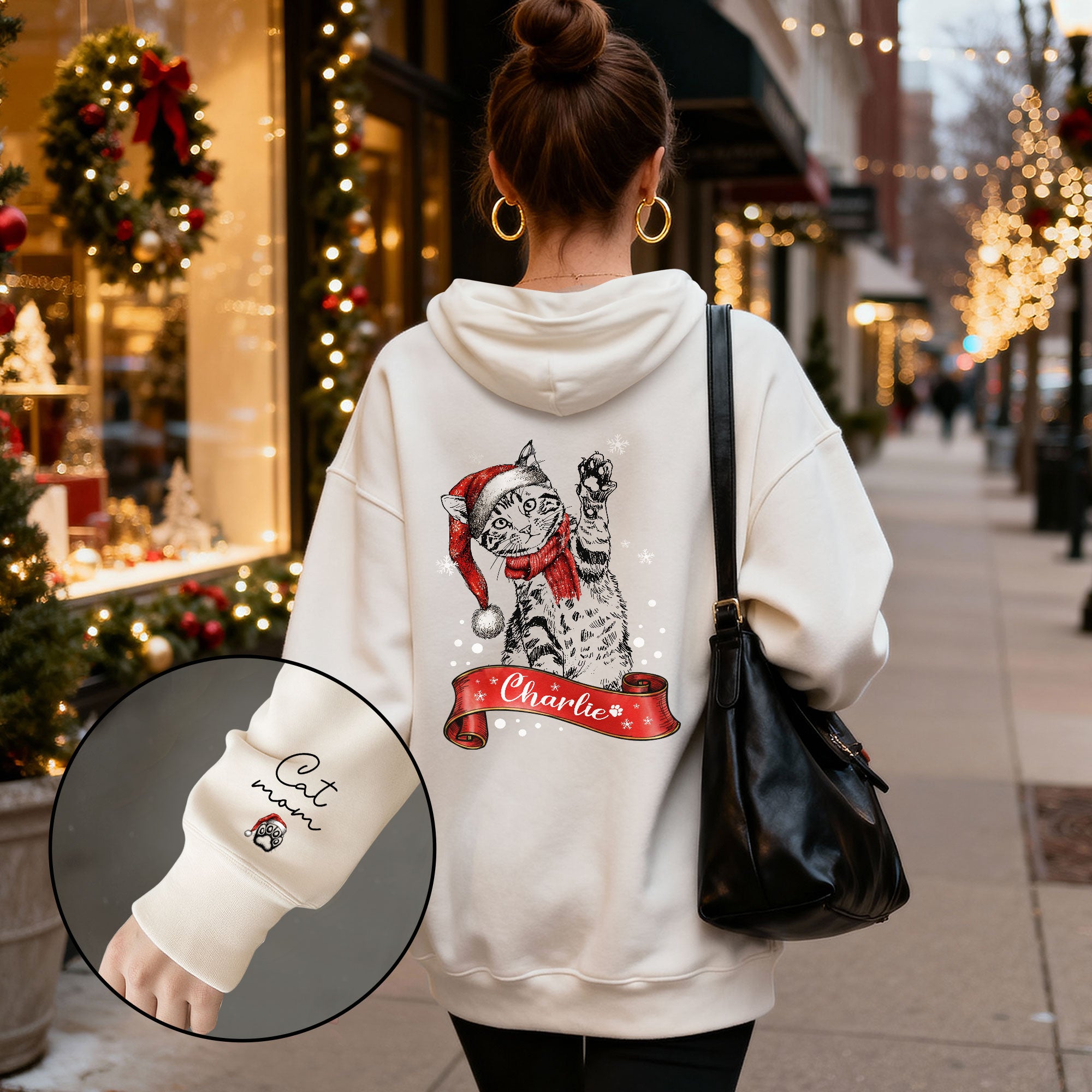 Custom Cat Mom Christmas Hoodie – Personalized Cat Photo Hoodie with Pet Name, Holiday Gift for Cat Lovers