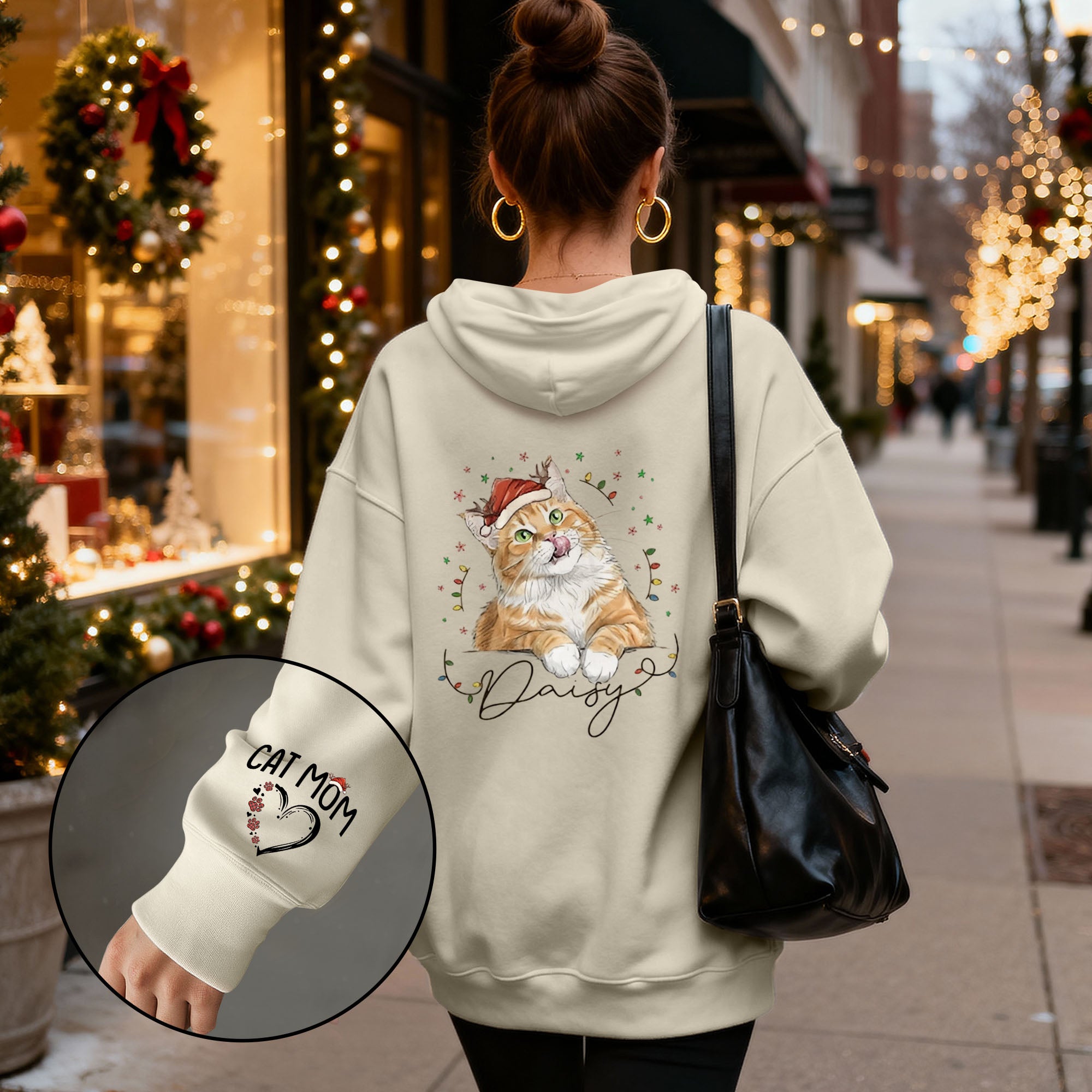 Personalized Cat Mom Christmas Hoodie – Custom Cat Photo Hoodie with Pet Name, Cute Holiday Gift for Cat Lovers