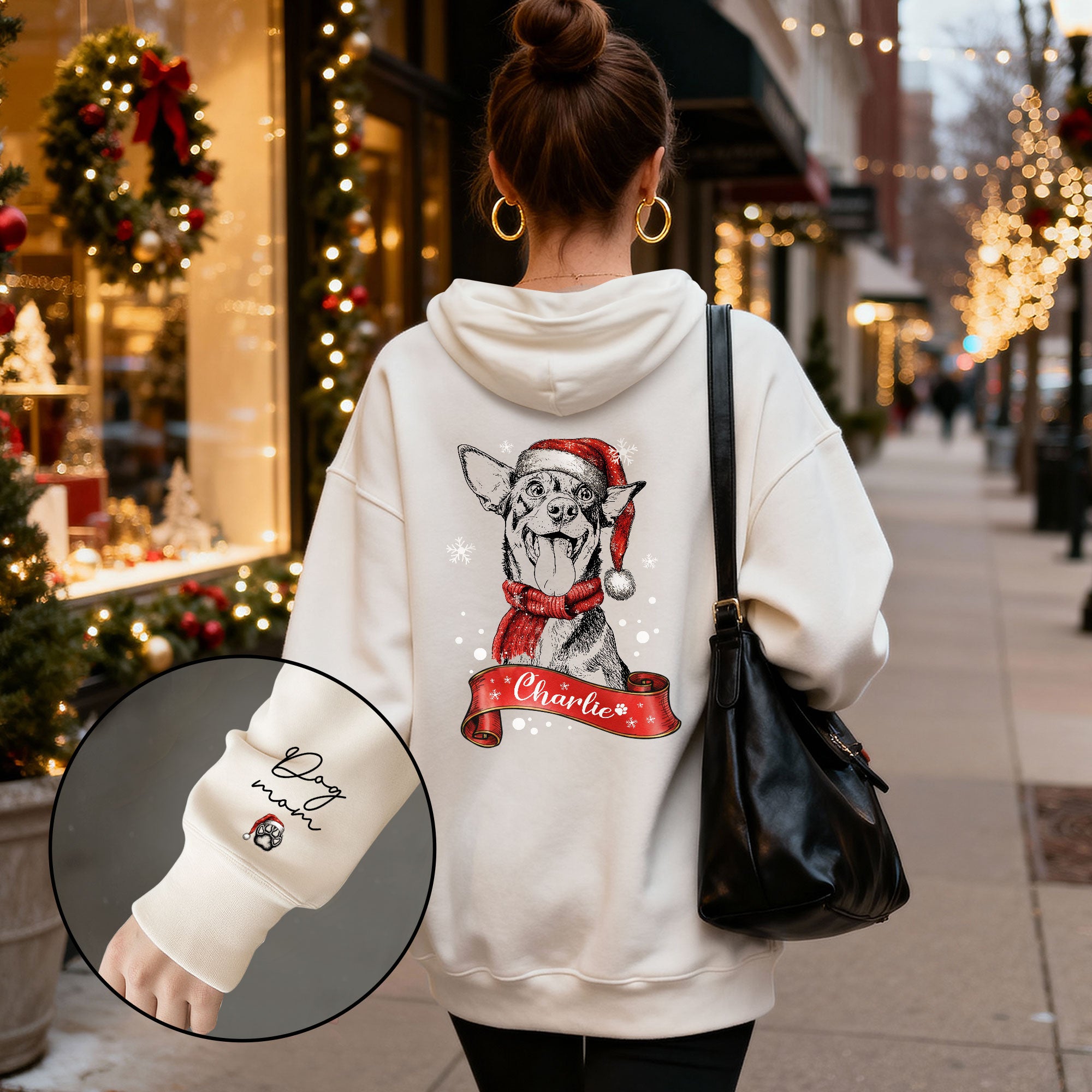 Custom Dog Mom Christmas Hoodie – Personalized Dog Photo Hoodie with Pet Name, Holiday Gift for Pet Lovers