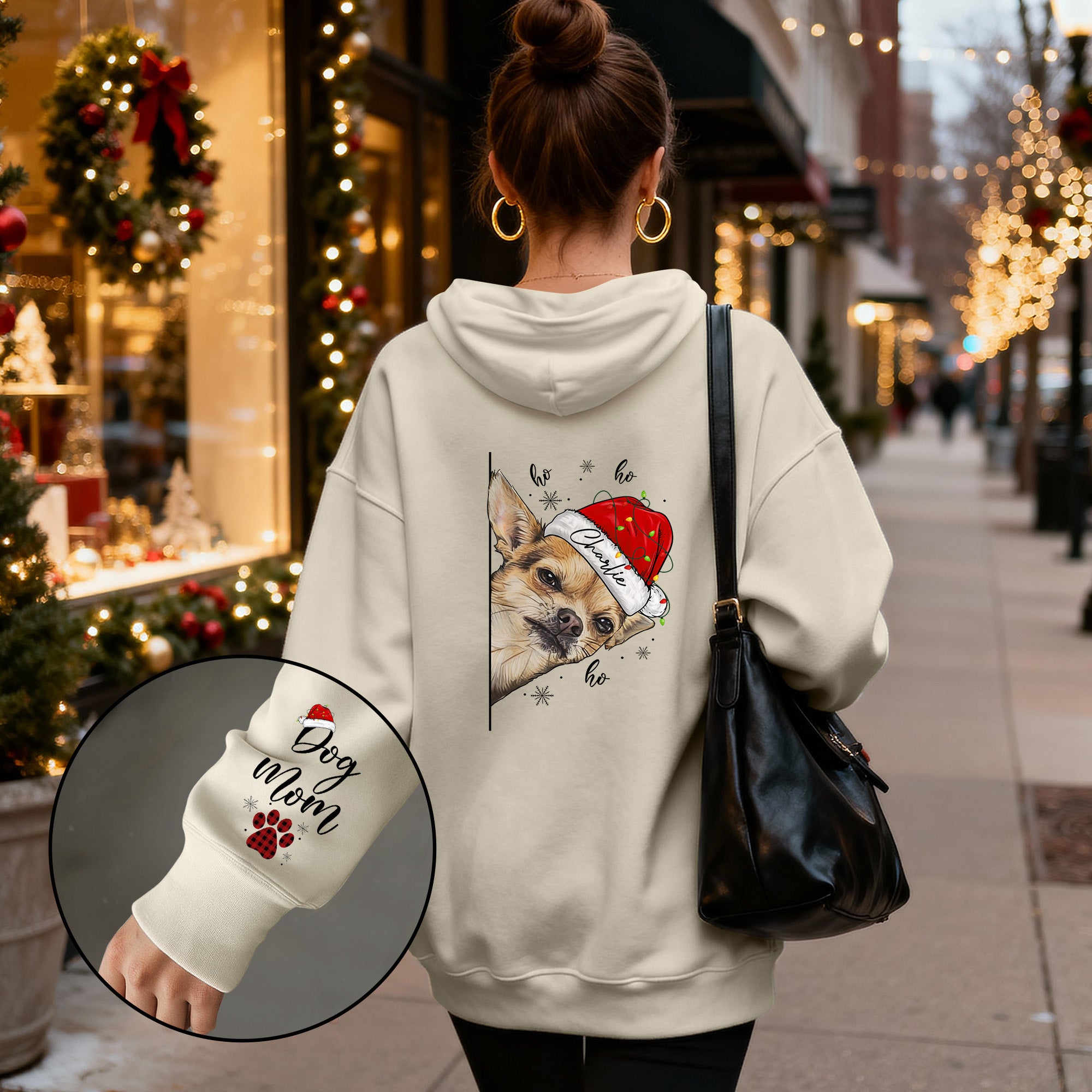 Custom Dog Mom Christmas Hoodie – Personalized Dog Photo Hoodie with Pet Name, Funny Holiday Gift for Dog Lovers