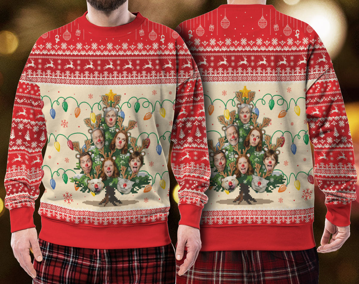 Custom Ugly Christmas Sweater – Personalized Photo Christmas Tree Design for Family, Pets & Holiday Fun