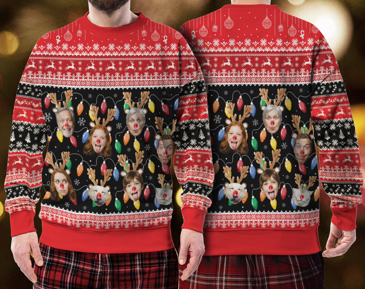 Custom Ugly Christmas Sweater – Personalized Photo Reindeer Lights Design for Family, Pets & Holiday Fun