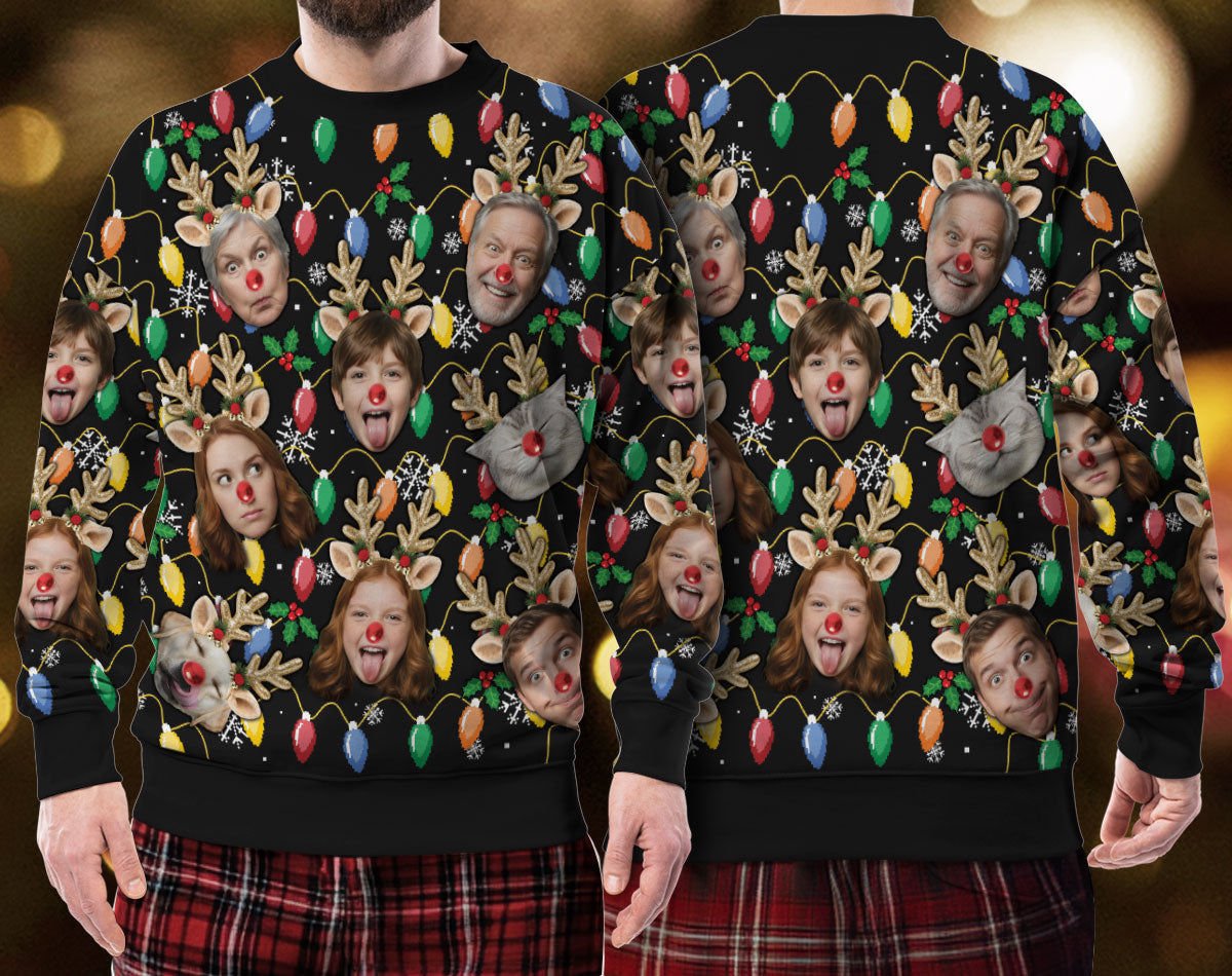 Custom Christmas Photo Sweatshirt with Lights & Snowflakes Pattern