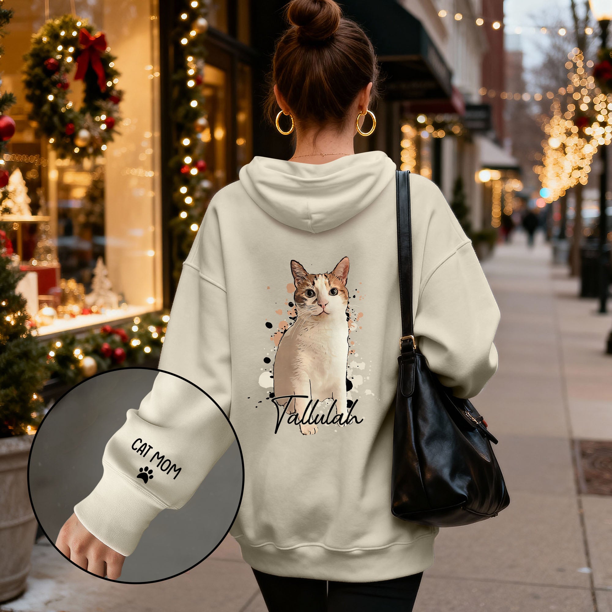 Personalized Cat Mom Hoodie – Custom Cat Photo Hoodie with Pet Name, Unique Holiday Gift for Cat Lovers