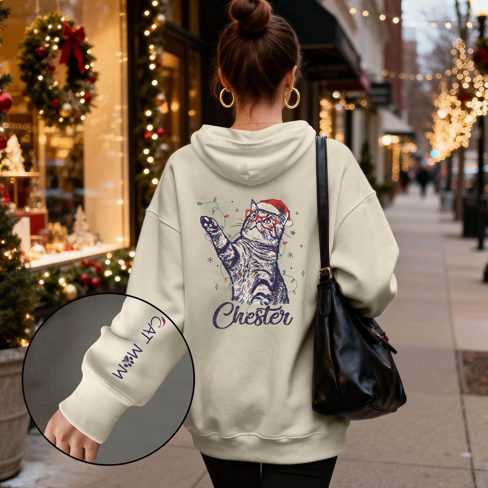 Christmas Cat Mom Hoodie – Personalized Cat Photo Hoodie, Custom Holiday Gift for Women