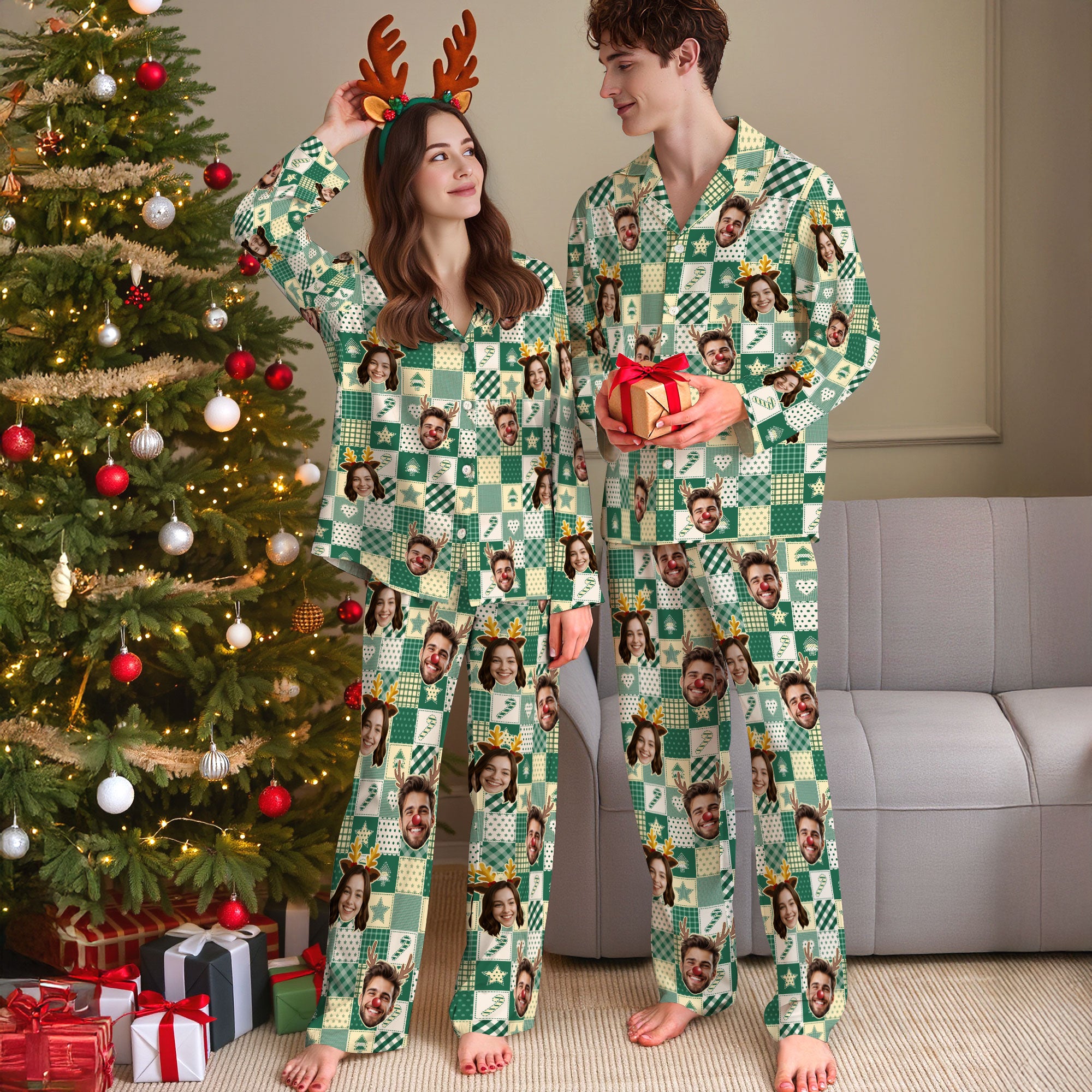 Custom Face Matching Pajamas – Personalized Funny Christmas PJs, Holiday Gift for Him/Her