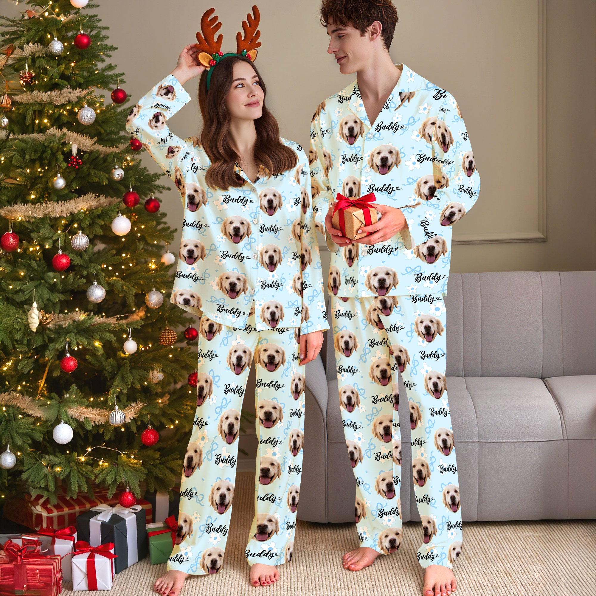 Custom Pet Photo Pajamas – All Over Print Holiday Christmas PJs for Pet Lovers, Cute Dog Mom Gift