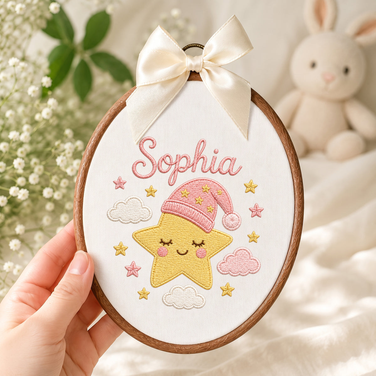 Personalized Baby Name Embroidered Hoop Wall Art - Sleeping Star Nursery Sign Gift