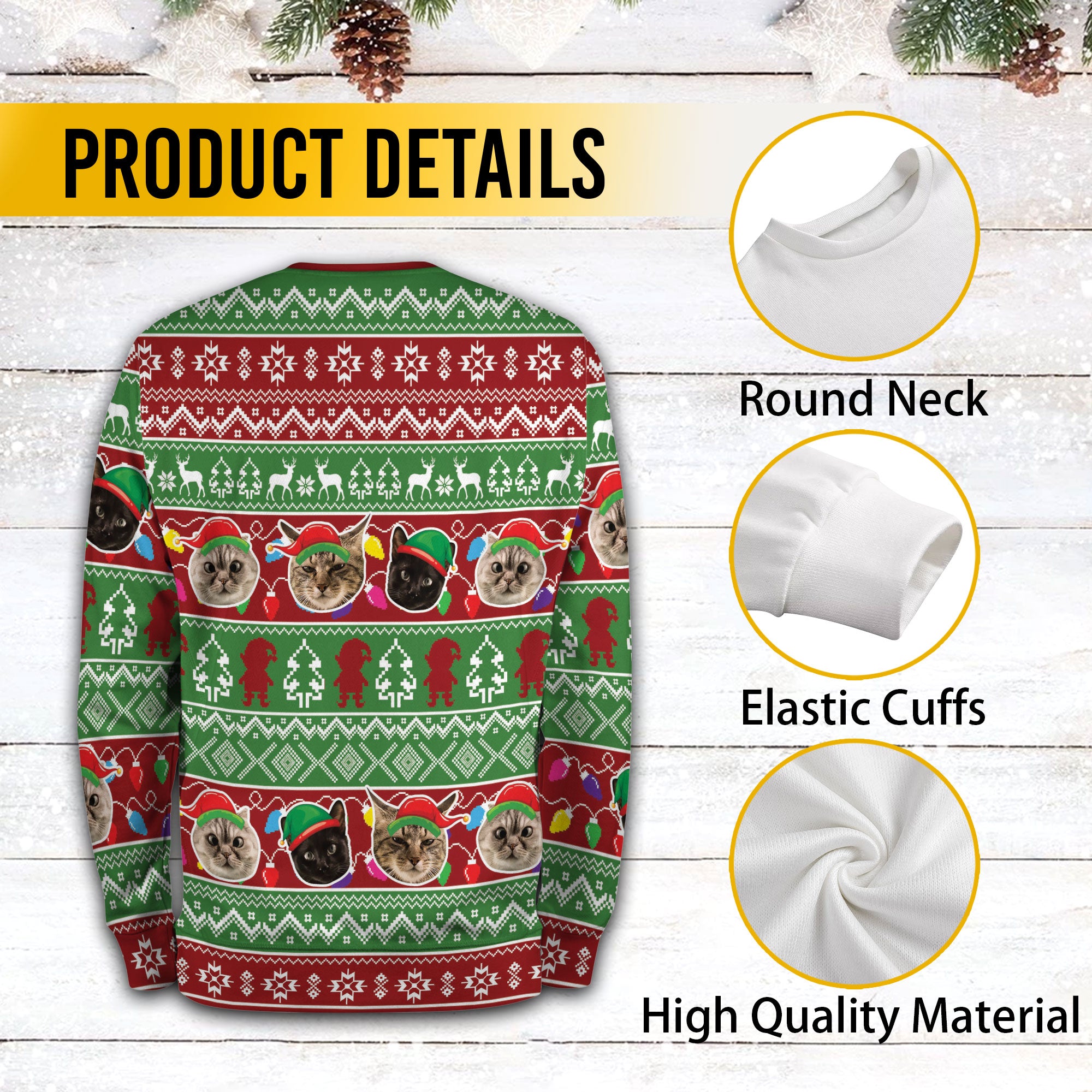 Personalized Cat Face Christmas Sweater – Custom Photo Ugly Xmas Sweatshirt for Cat Mom & Cat Dad