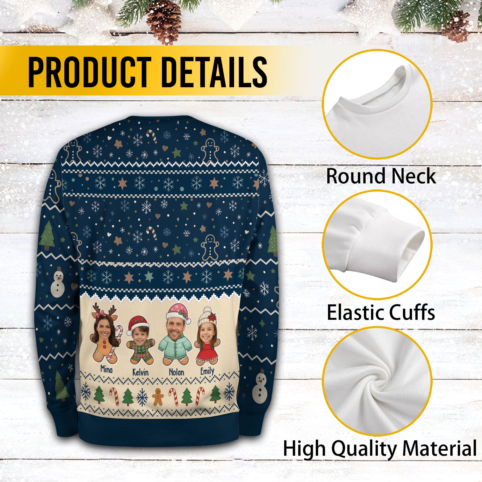 Personalized Gingerbread Family Ugly Christmas Sweater – Custom Name & Photo Holiday Sweatshirt Gift