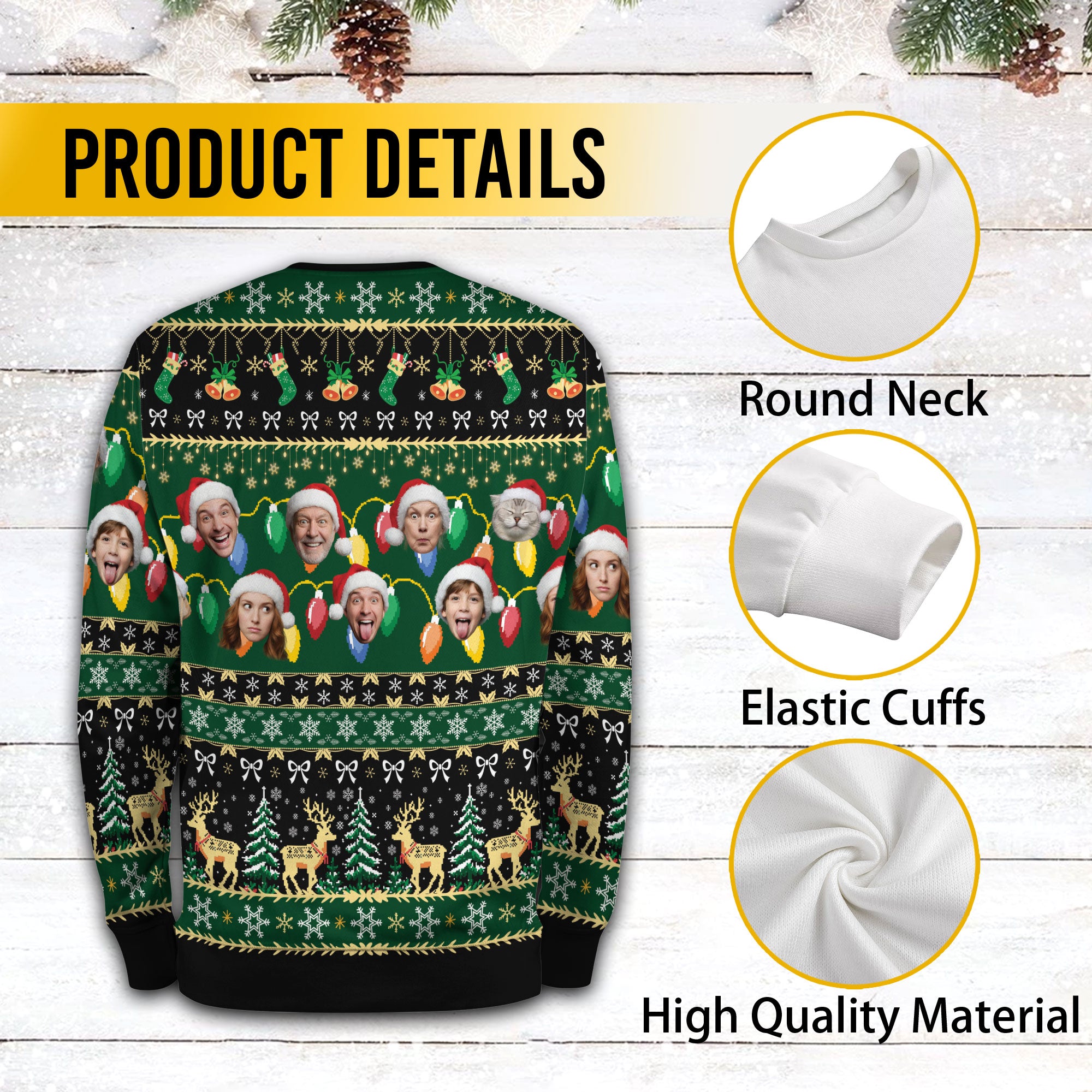 Custom Ugly Christmas Sweater – Personalized Photo Green Holiday Knit for Family, Pets & Festive Fun