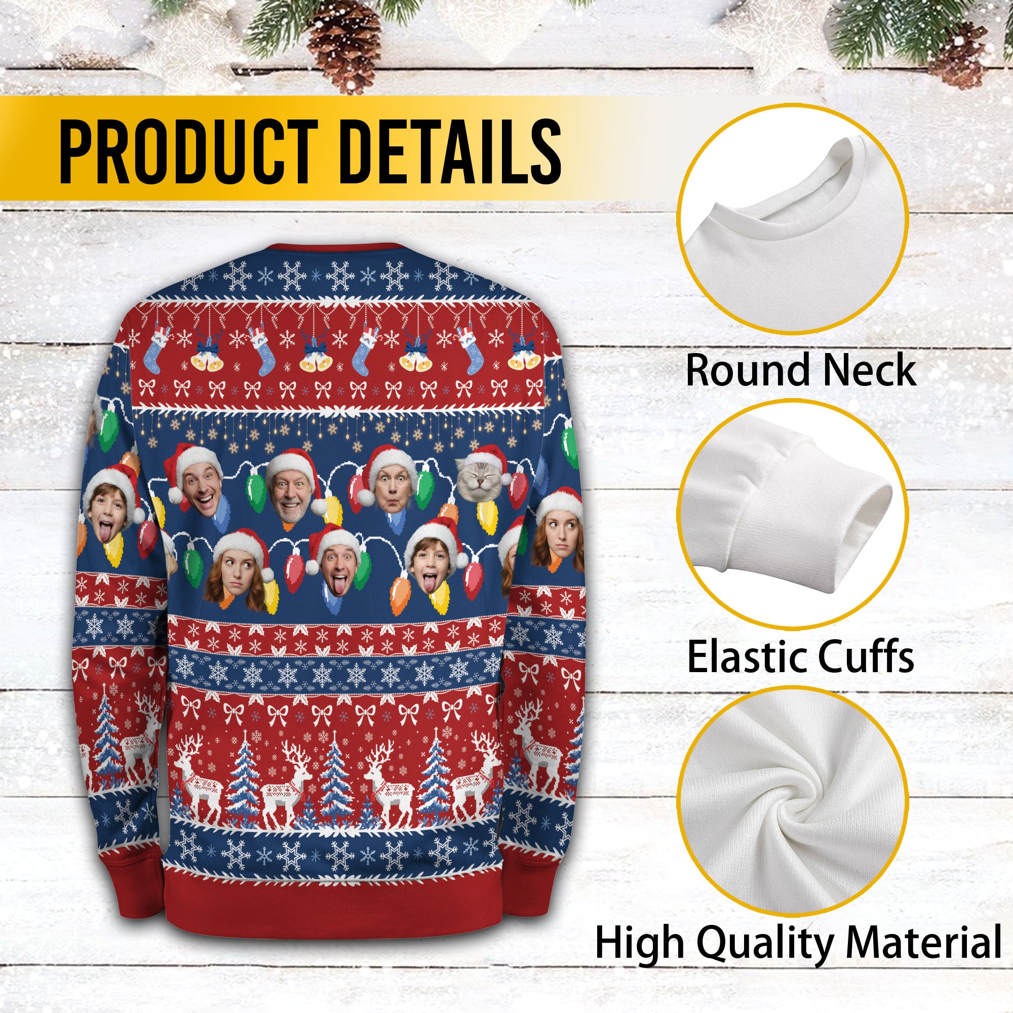 Custom Ugly Christmas Sweater – Personalized Photo Red & Blue Holiday Knit for Family, Pets & Festive Moments