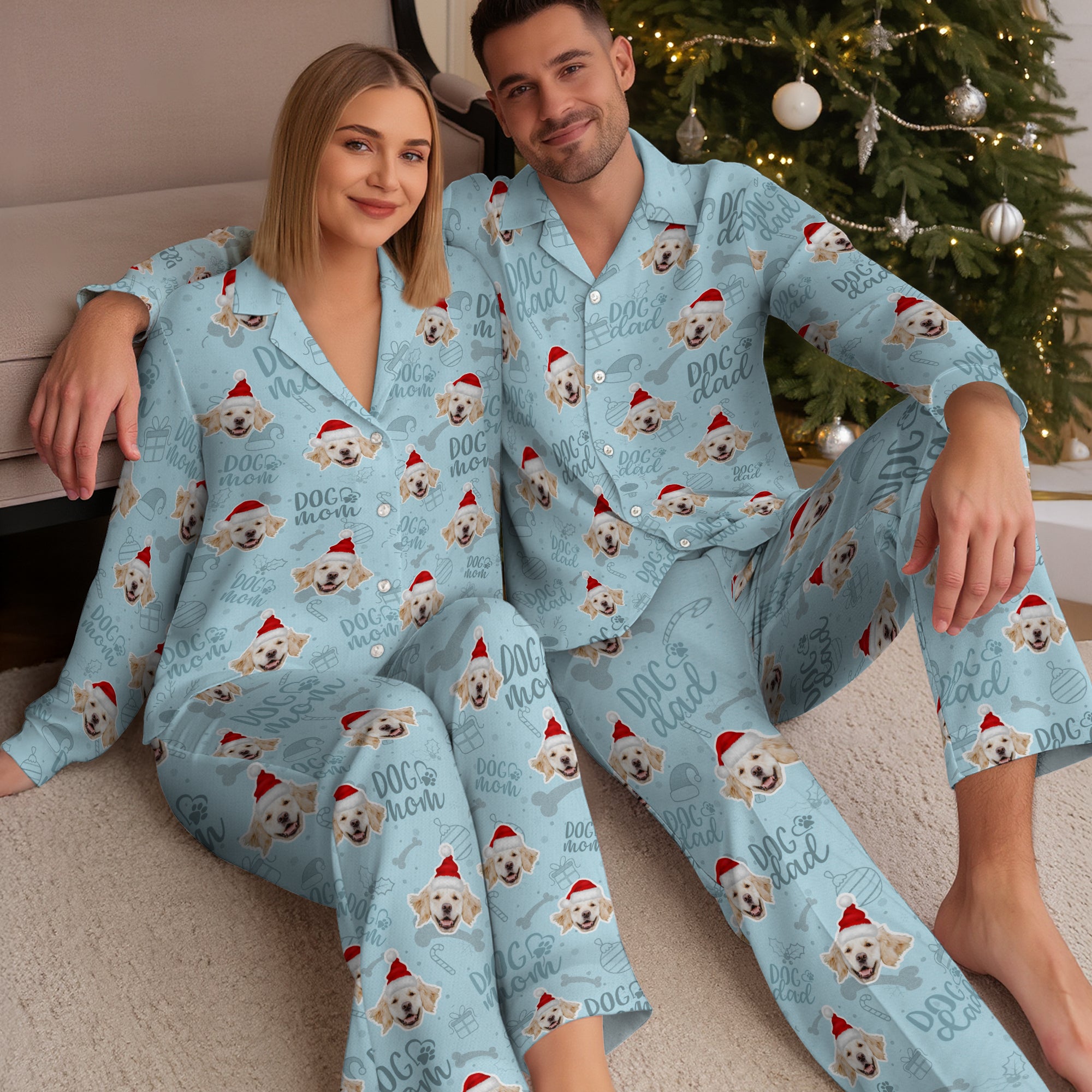 Dog Mom & Dog Dad Matching Pajamas – Custom Pet Face Christmas PJs