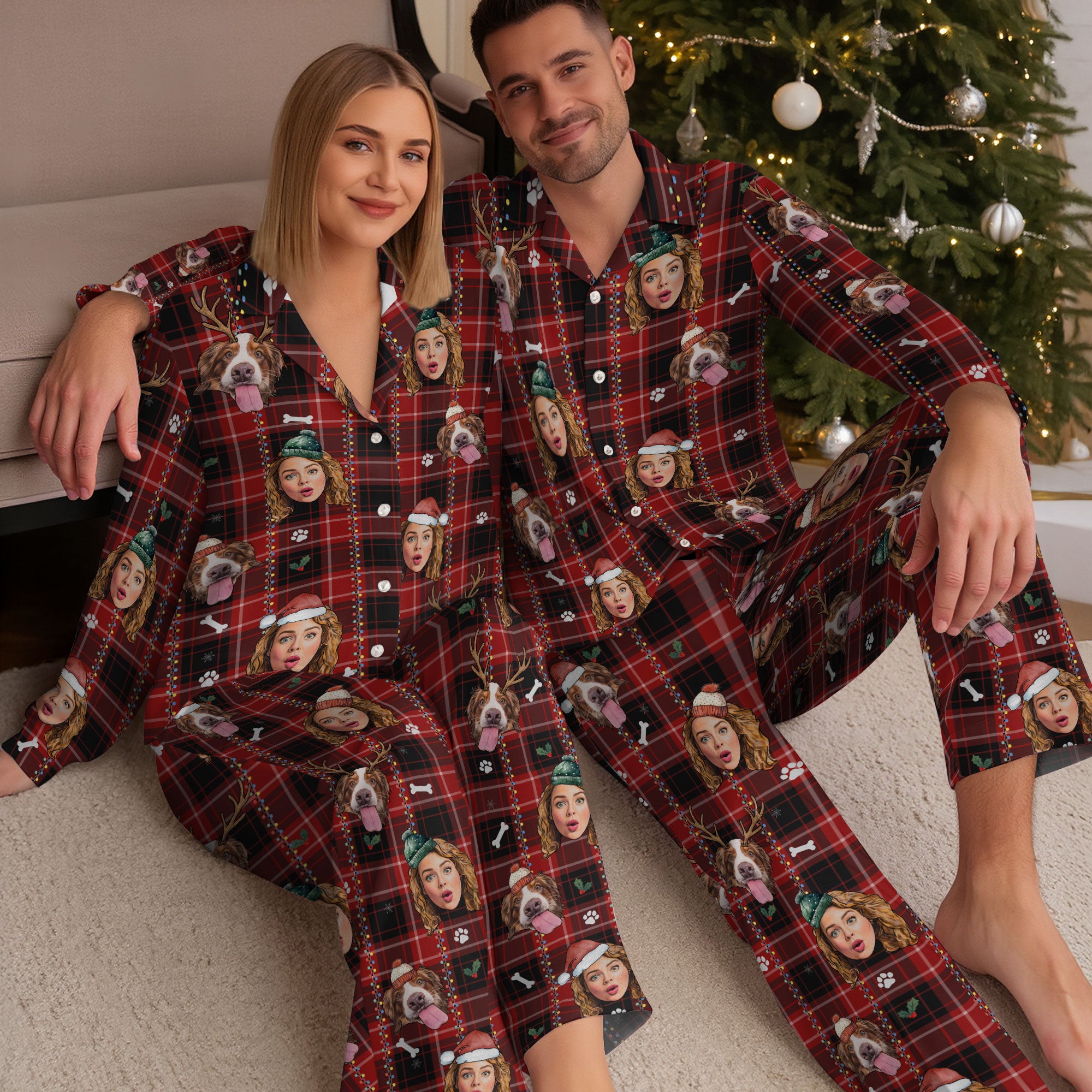 Personalized Pet & Owner Christmas Pajamas – Custom Dog Lover Holiday Sleepwear with Festive Plaid Design