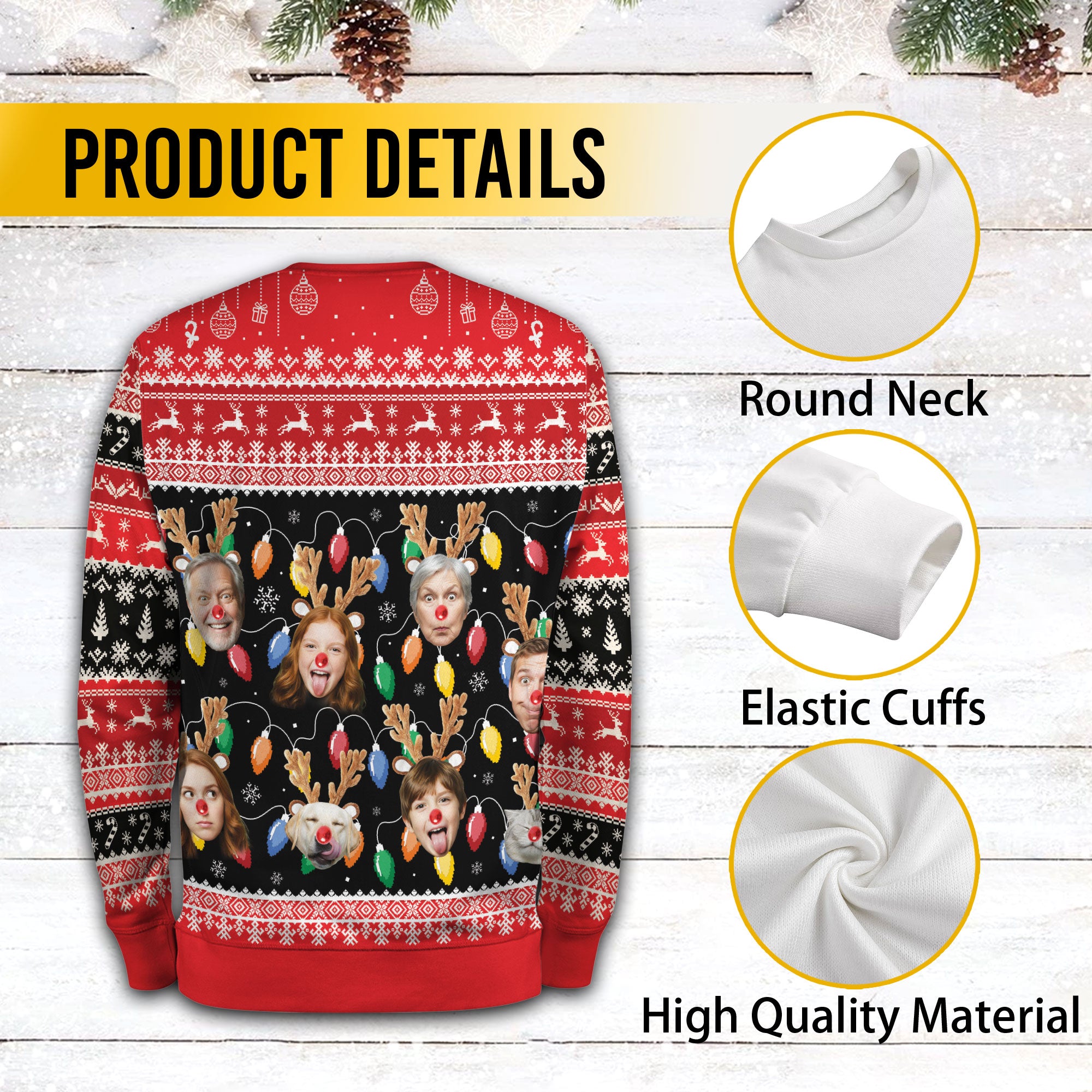 Custom Ugly Christmas Sweater – Personalized Photo Reindeer Lights Design for Family, Pets & Holiday Fun
