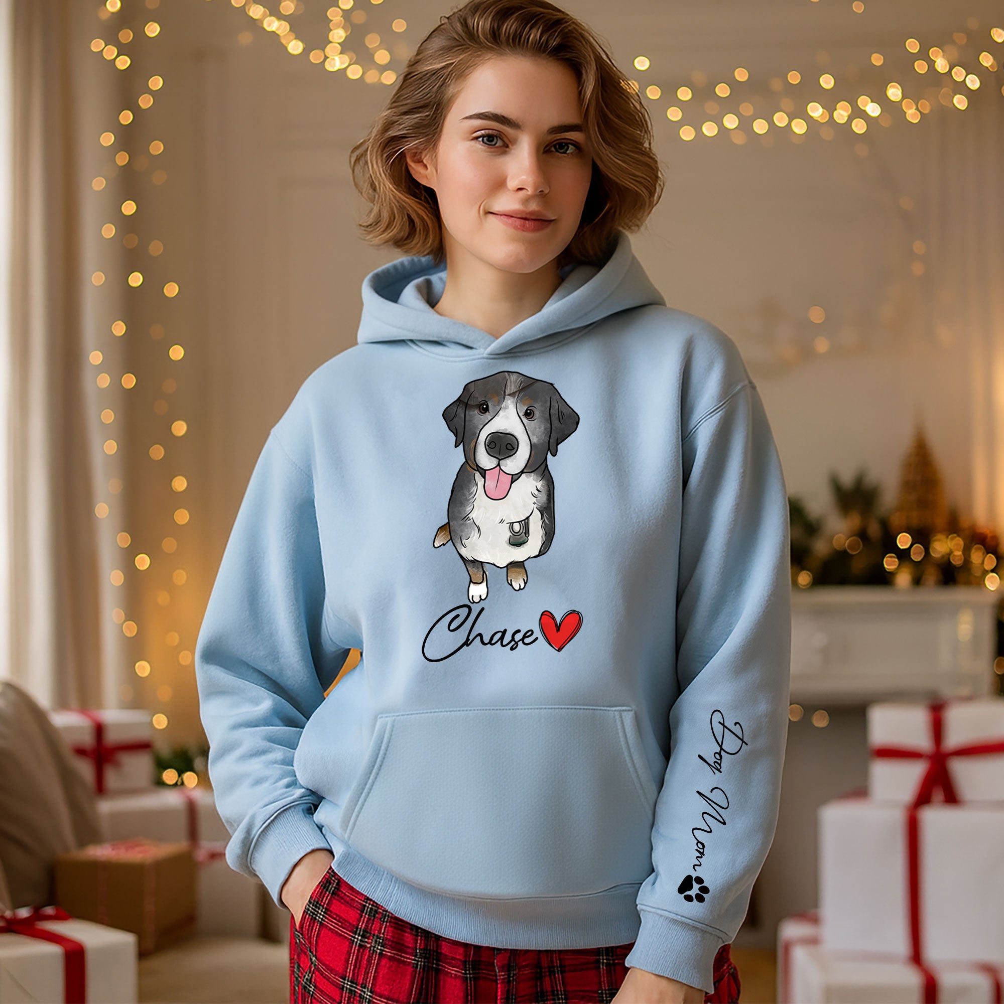 Custom Pet Portrait Hoodie– Dog Name Printed with Heart, Perfect Gift for Dog Lovers
