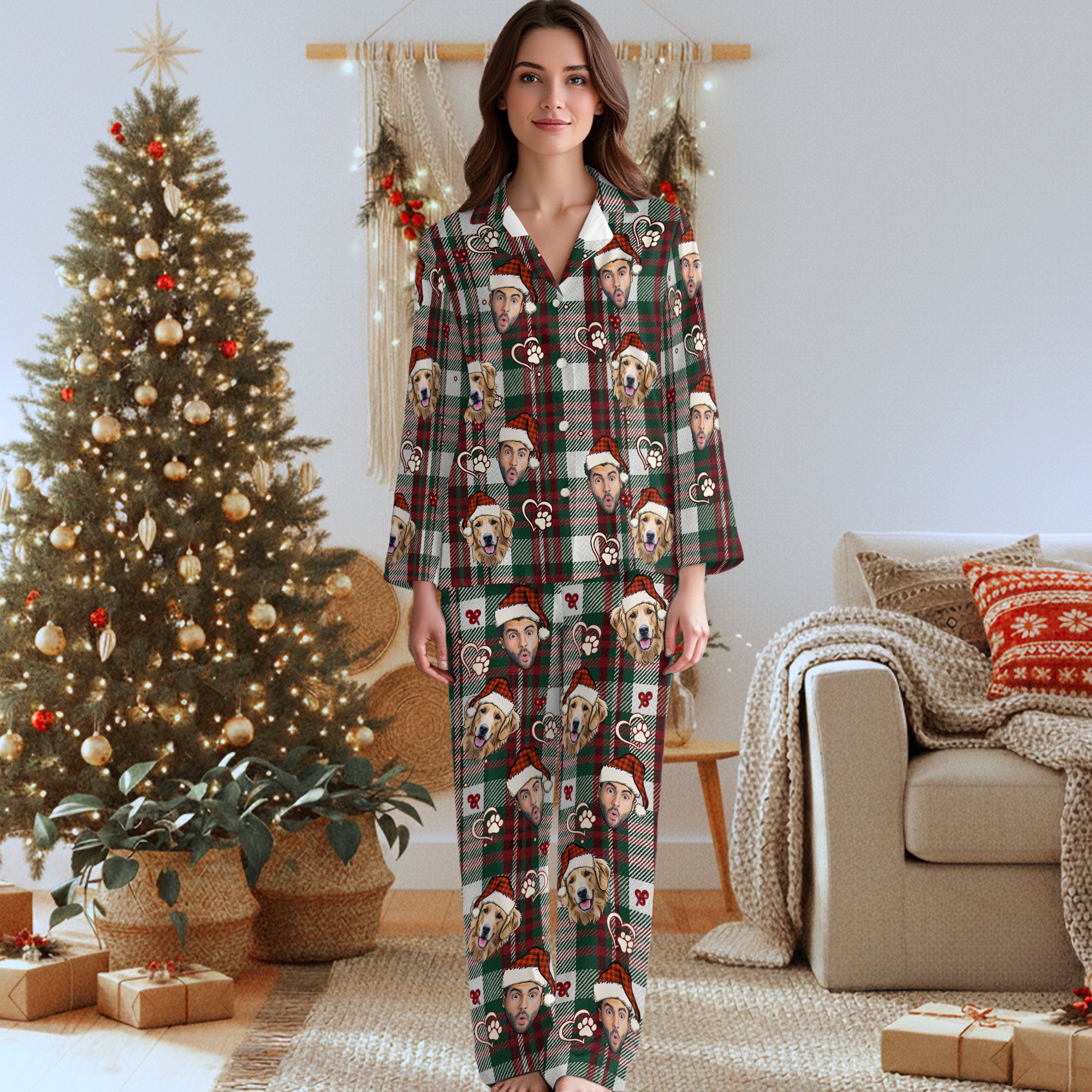 Custom Pet & Owner Face Christmas Pajamas – Personalized Holiday Sleepwear for Dog Lovers & Families