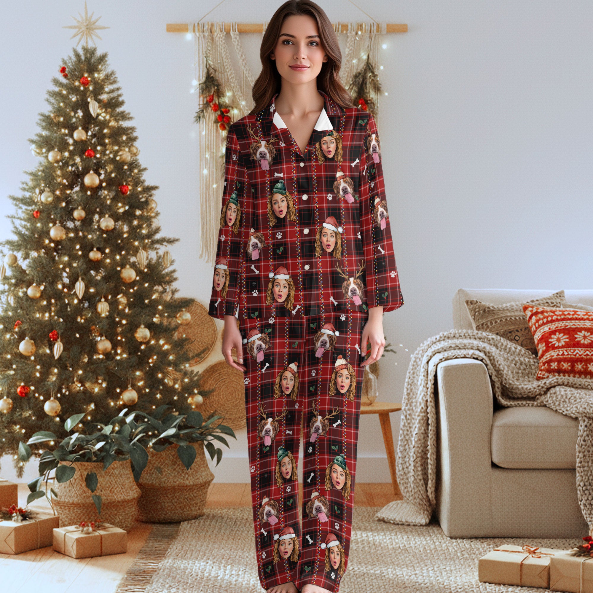 Personalized Pet & Owner Christmas Pajamas – Custom Dog Lover Holiday Sleepwear with Festive Plaid Design