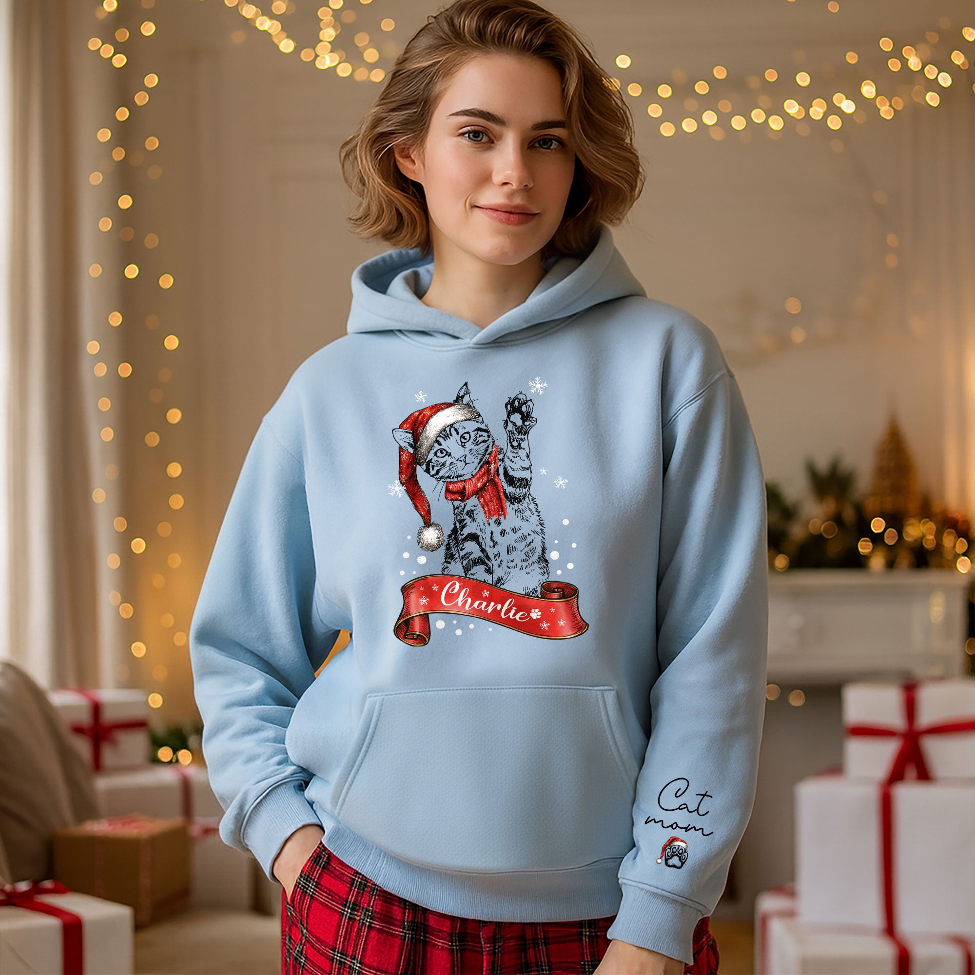 Custom Cat Mom Christmas Hoodie – Personalized Cat Photo Hoodie with Pet Name, Holiday Gift for Cat Lovers