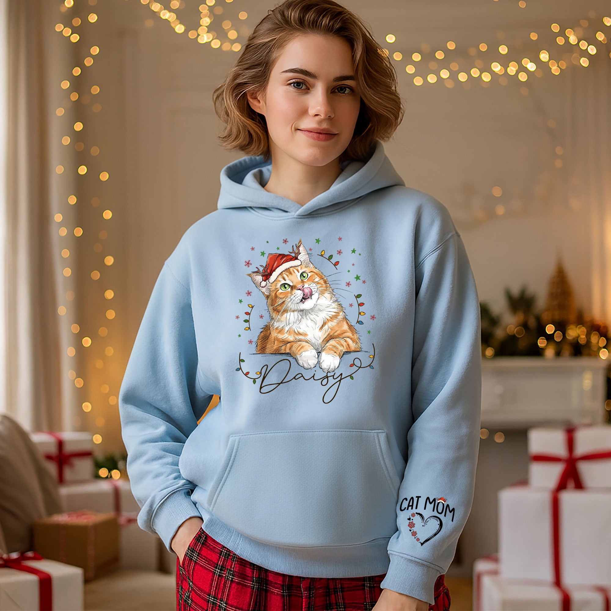 Personalized Cat Mom Christmas Hoodie – Custom Cat Photo Hoodie with Pet Name, Cute Holiday Gift for Cat Lovers