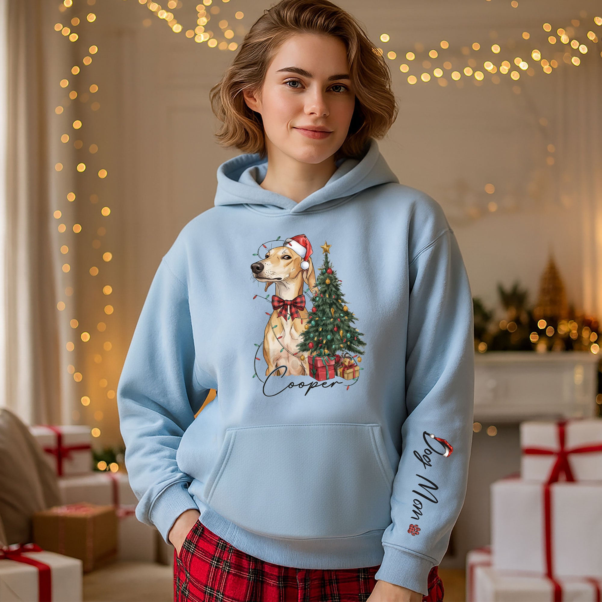 Personalized Dog Mom Christmas Hoodie, Custom Dog Photo Hoodie with Pet Name, Holiday Gift for Pet Lovers