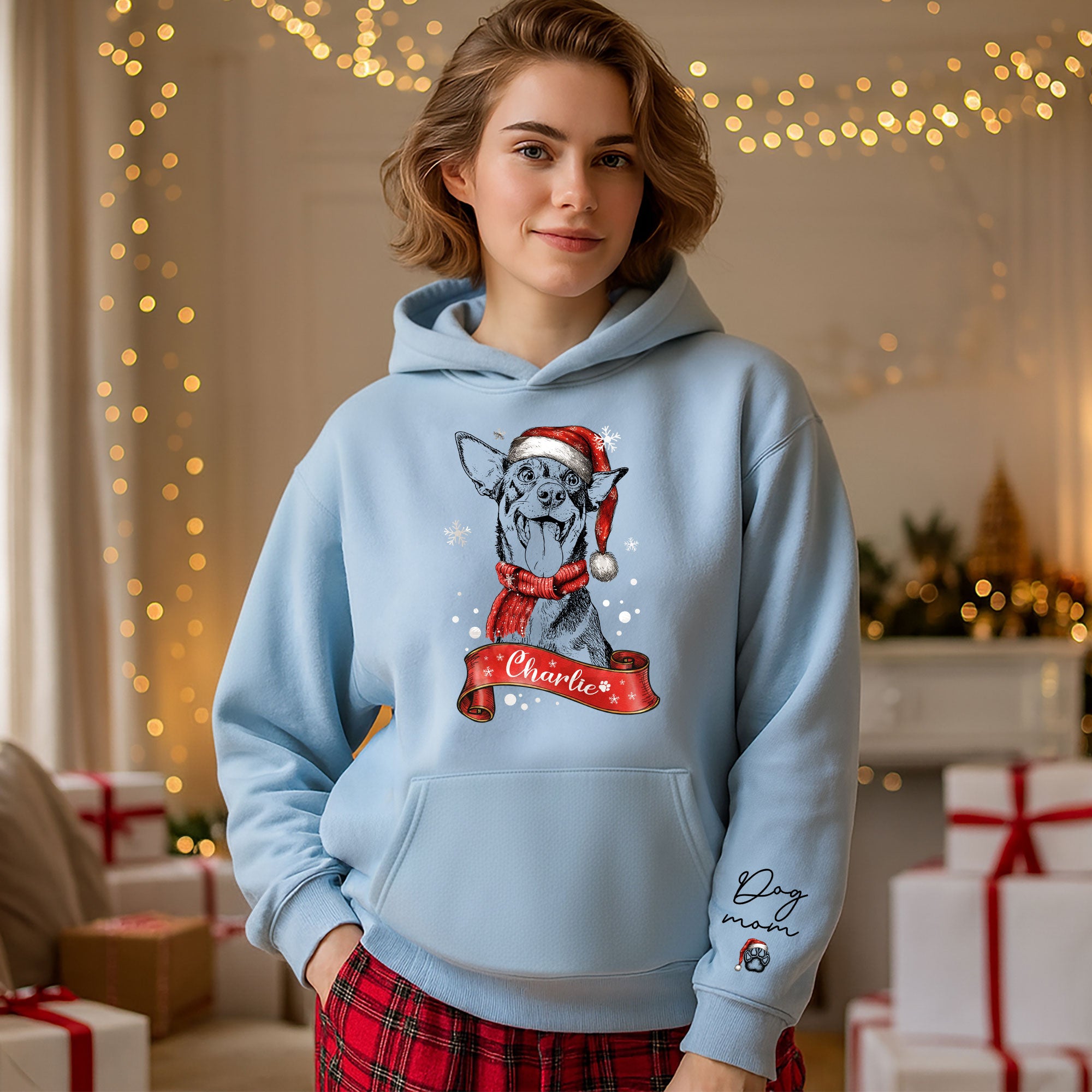 Custom Dog Mom Christmas Hoodie – Personalized Dog Photo Hoodie with Pet Name, Holiday Gift for Pet Lovers