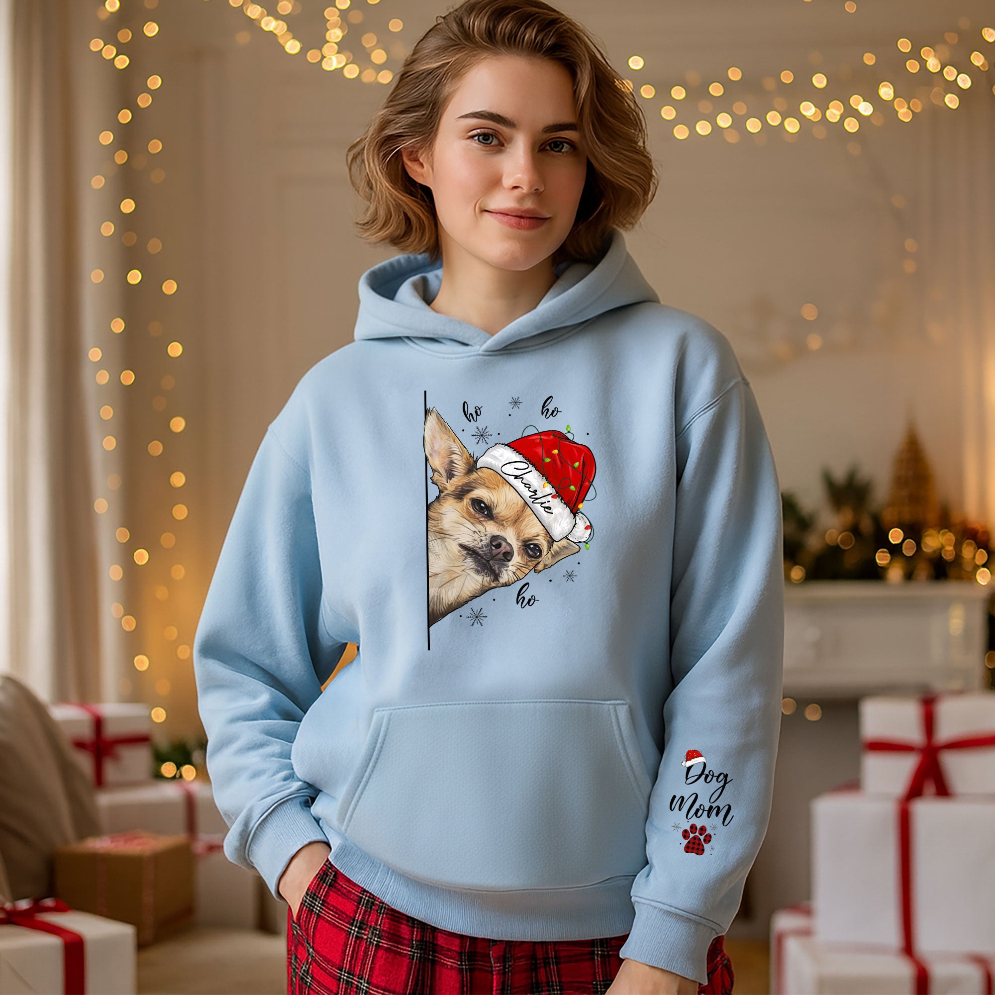 Custom Dog Mom Christmas Hoodie – Personalized Dog Photo Hoodie with Pet Name, Funny Holiday Gift for Dog Lovers