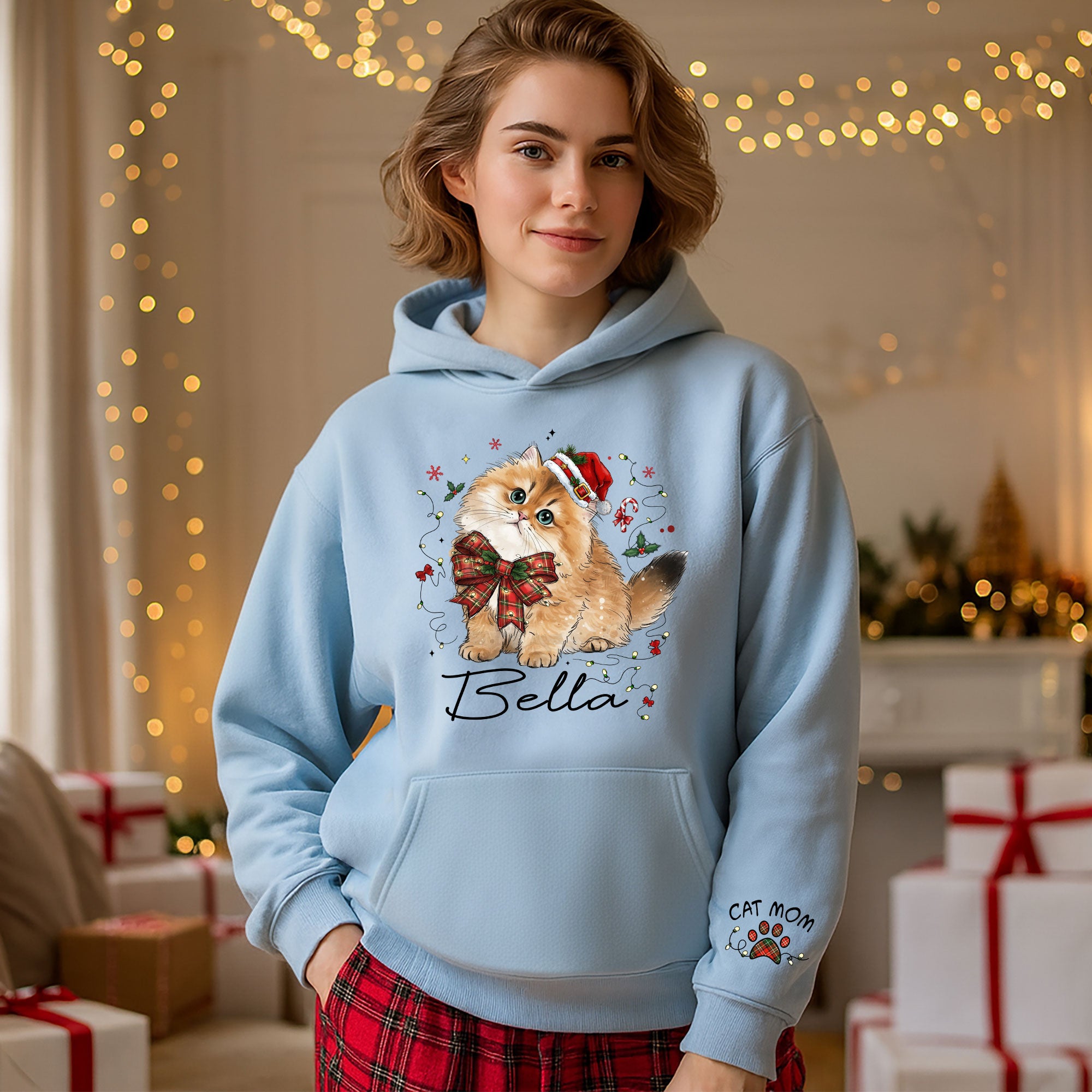 Personalized Cat Portrait Christmas Hoodie – Custom Pet Photo Gift for Cat Moms