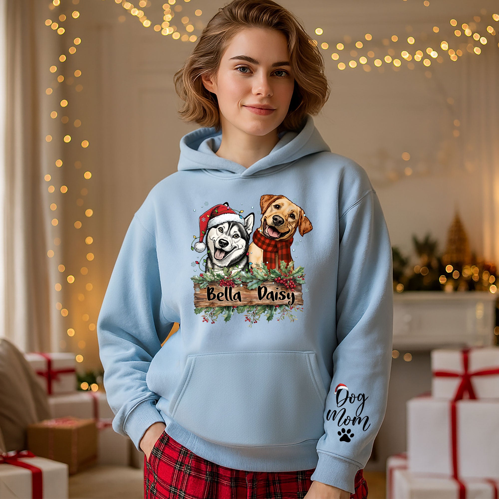 Dog Mom Christmas Hoodie – Custom Pet Photo Hoodie, Personalized Holiday Gift for Dog Mom