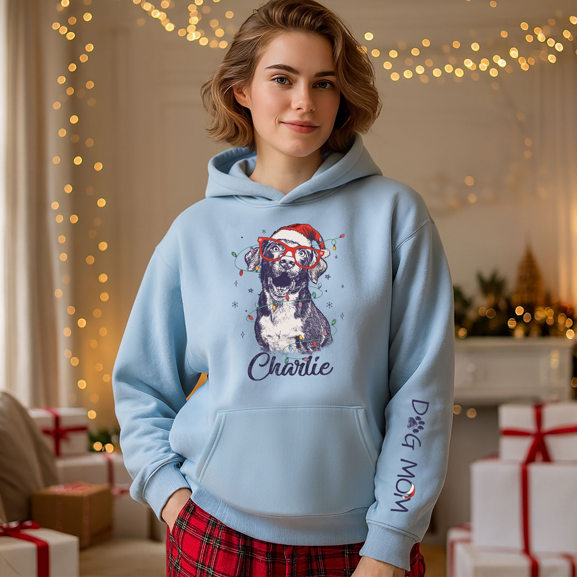 Personalized Dog Mom Hoodie – Custom Dog Photo Hoodie with Holiday Design