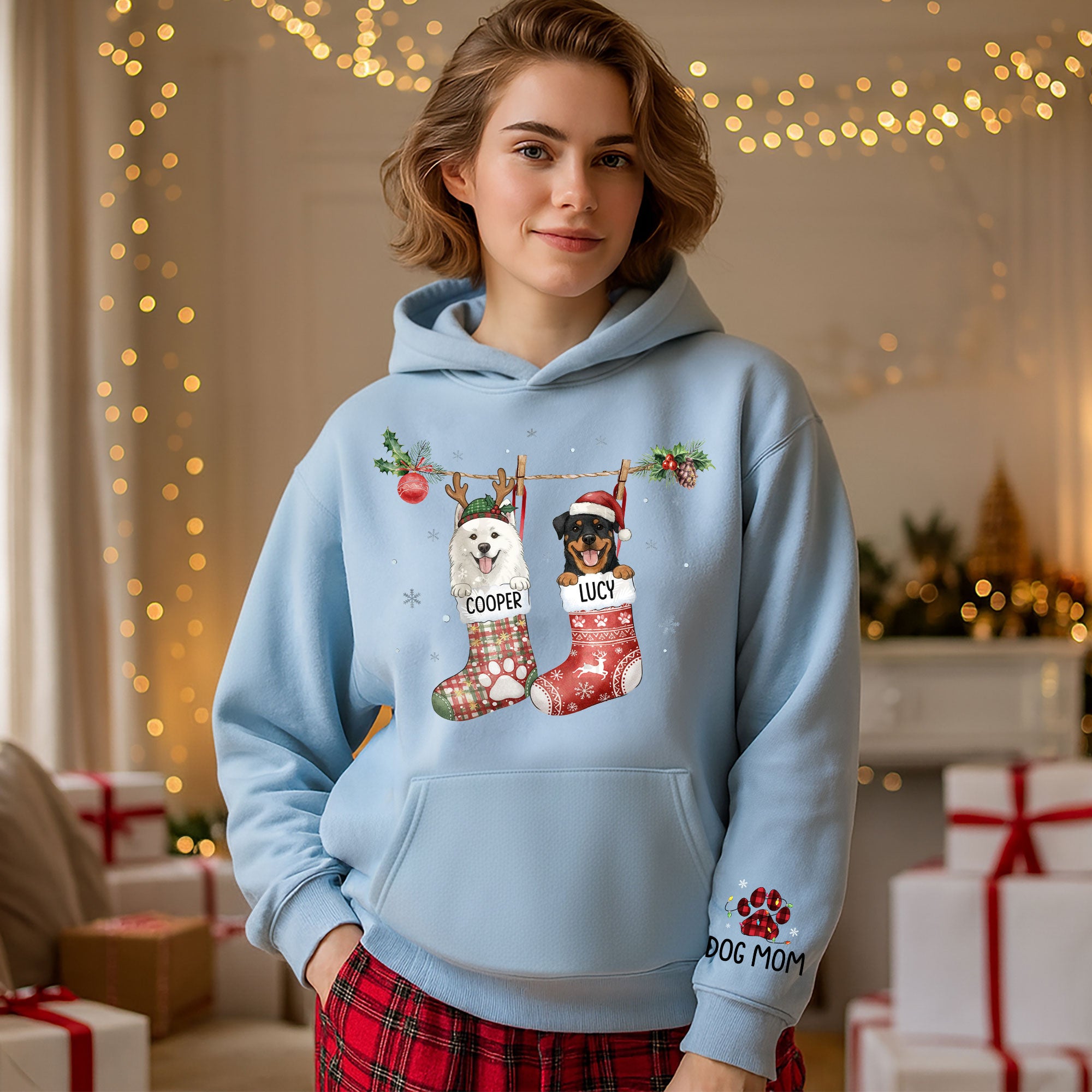 Custom Christmas Dog Hoodie – Personalized Holiday Hoodie with Your Dog’s Photo in Festive Stockings