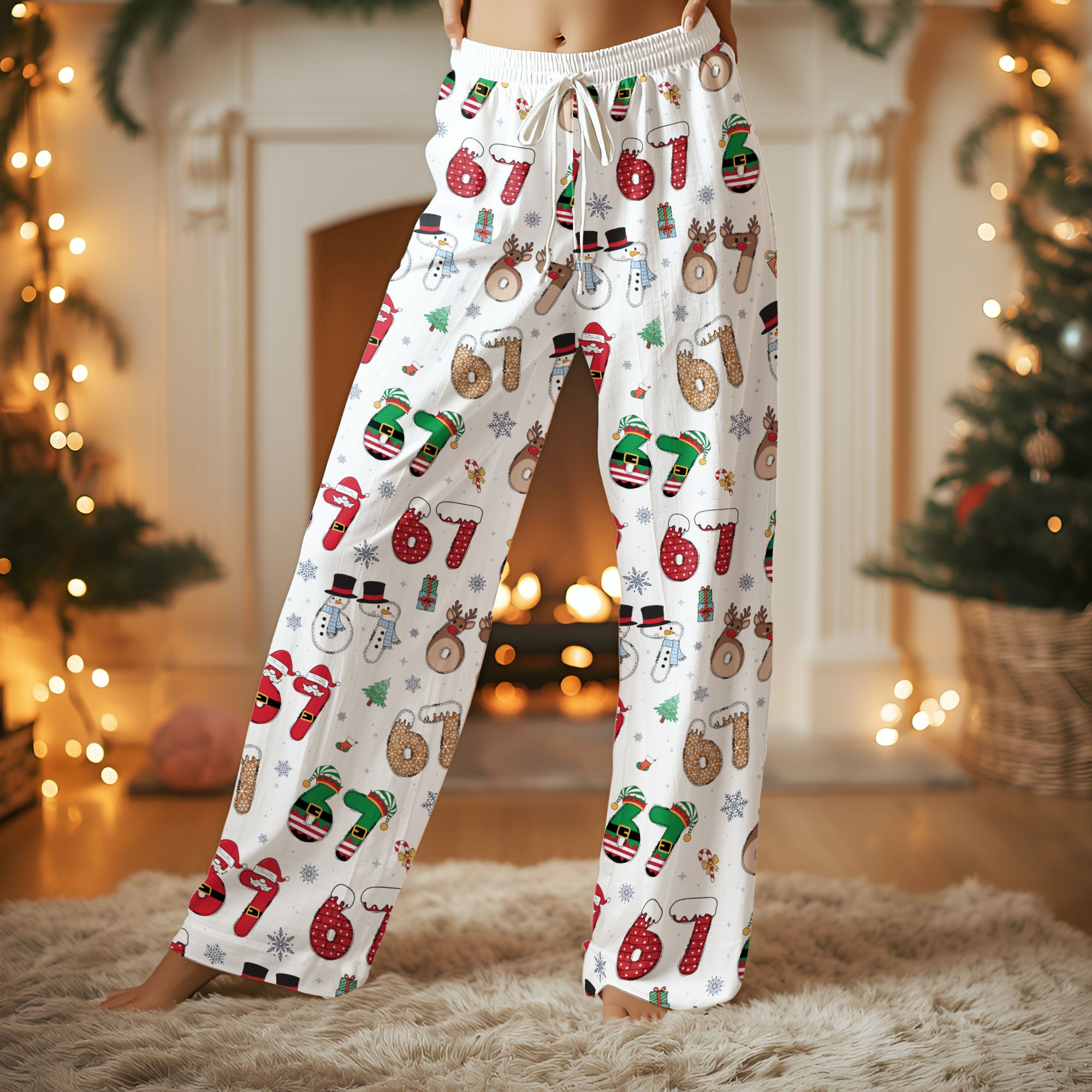 Custom Christmas Number 67 Pajama Pants – Personalized Holiday Print Cozy Lounge Bottoms