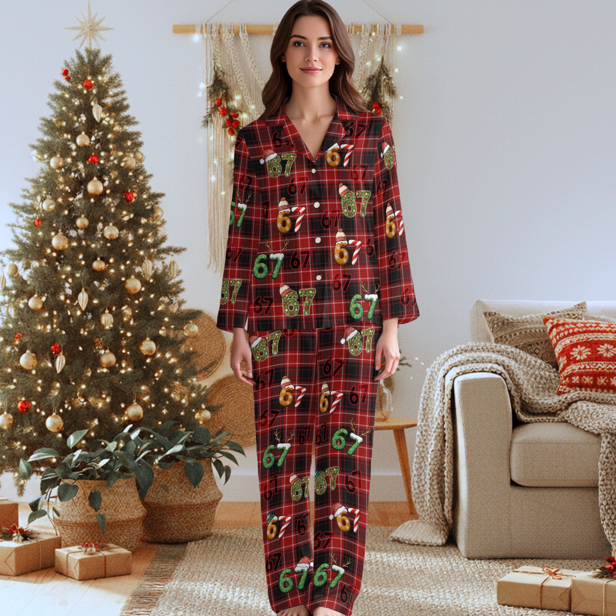 Holiday Lounge Set – Festive 6 7 Number Pajamas with Socks